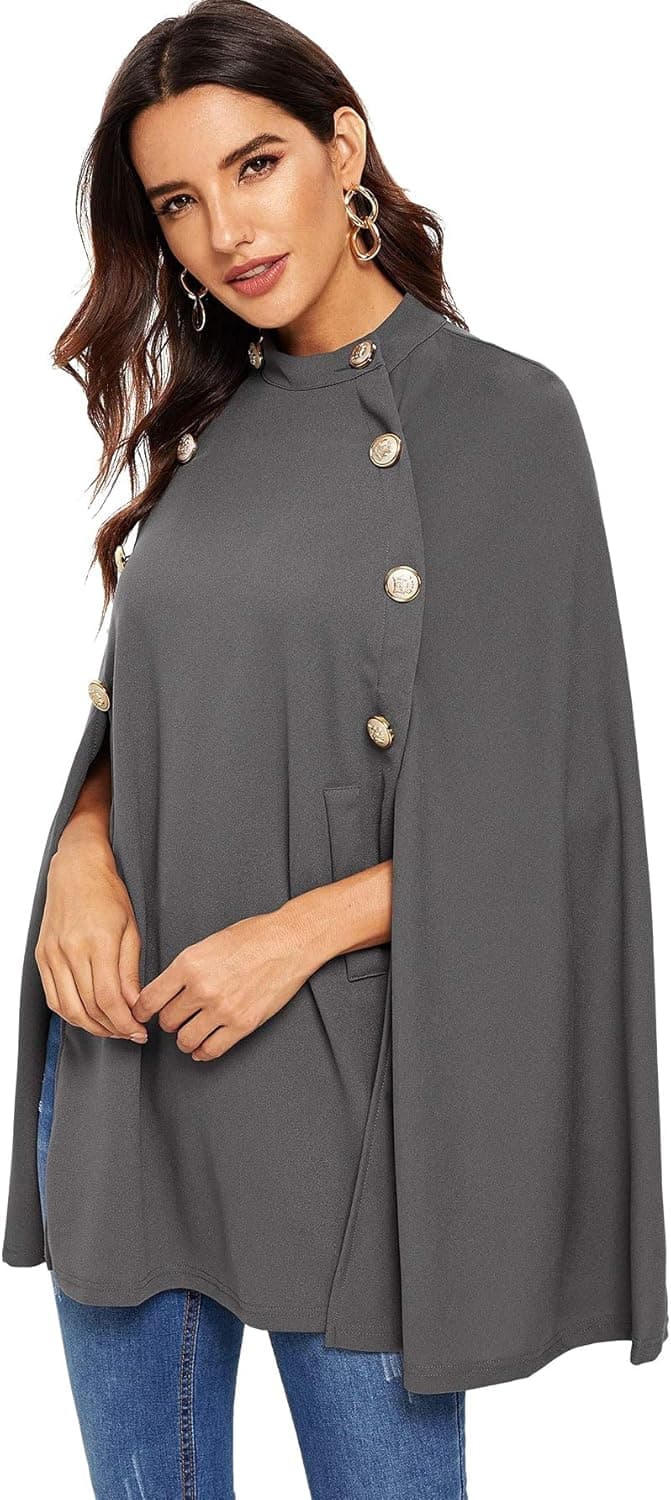 MakeMeChic Women's Button Front Cloak Sleeve Elegant Cape Mock Poncho Classy Plaid Print Cape Coat