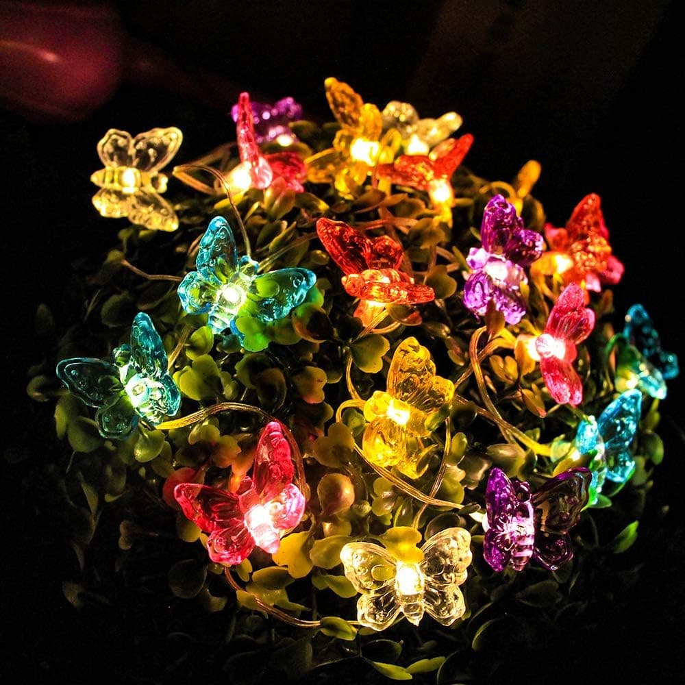 Starry Love Mini Clip Solar Powered Honey Butterfly String Lights,2 Pack 20 LED Solar String Lights Outdoor Honeybee Fairy String Lights for Garden Patio Flower Trees Lawn Landscape(Butterfly)