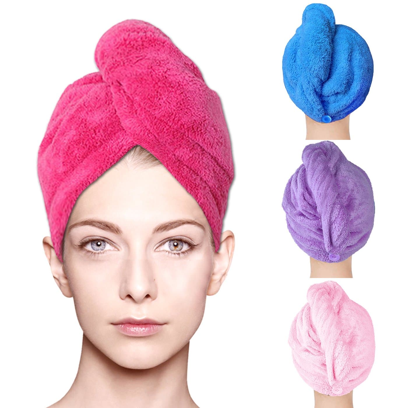 4 Pack Microfiber Hair Drying Towel Wraps, Dreecy Fast Drying Hair Cap Long Hair Absorbent Twist Turban Wrap - Pink, Rose Red, Purple, Blue