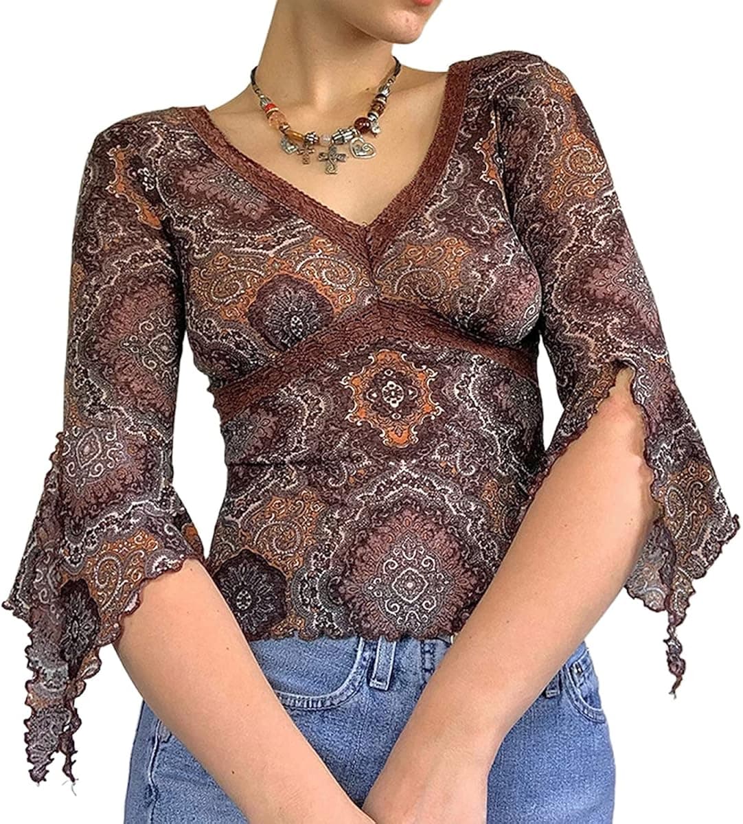 Women Summer Long Sleeve Crop Top Green Y2K Portrait Print T-Shirts Tops Aesthetic Shirt Vintage Harajuku Streetwear