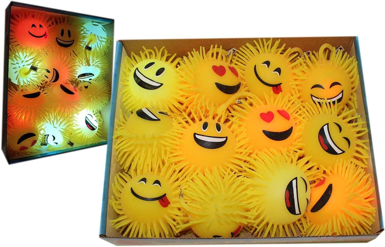 GPC Inc Emoji Spiky, Massage Light Up LED Yellow Flashing Rubber 4" Balls for Kids Party goodie bags / giveaways, 12-Pack