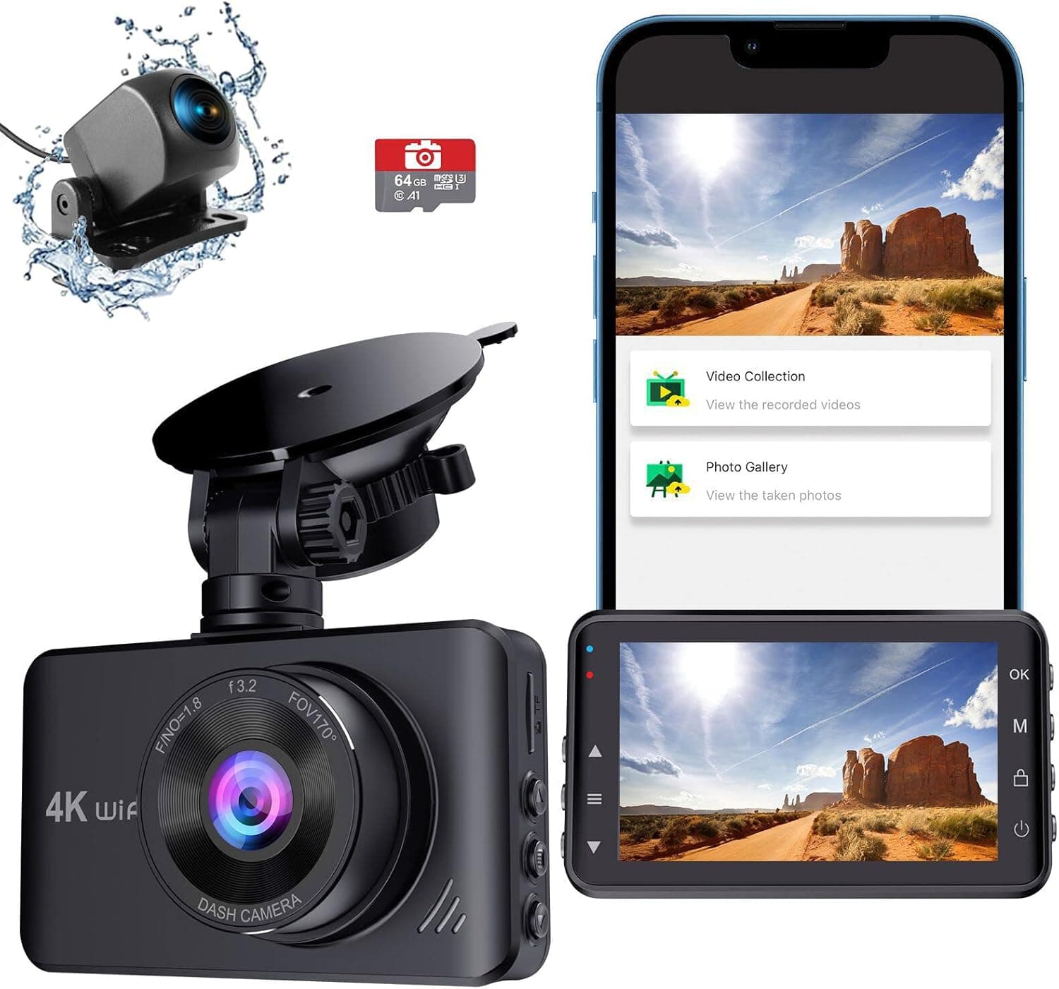 Dash cam Front and Rear with WiFi and app 4K Dash cam Front and Rear Penemay Dual Dash Cam Dash Camera for Cars with 64GB SD Card Dash cams 4K+1080P 3 inch Screen, Super Night Vision