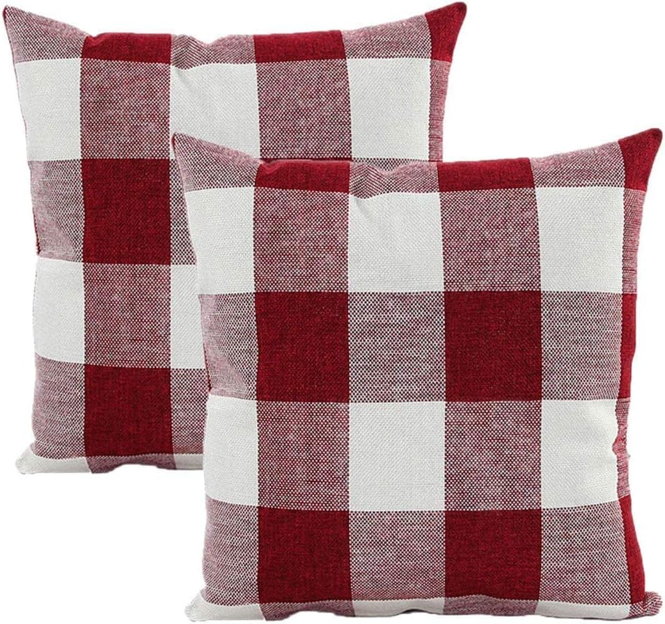 XIHAROOM 2 Pack Classic Red White Plaid Cotton Linen Square Throw Pillow Cover Cushion Cases for Home Sofa Bedroom 18x18 Inches (Red)