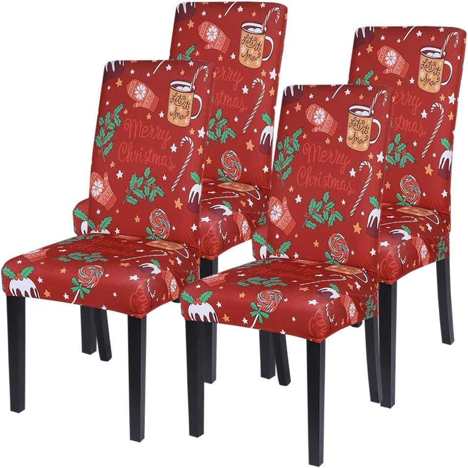 SearchI Christmas Chair Covers Set of 4, Christmas Dining Chair Slipcovers, Soft Stretch Santa Holiday Chair Covers for Dining Room, Christmas Decoration