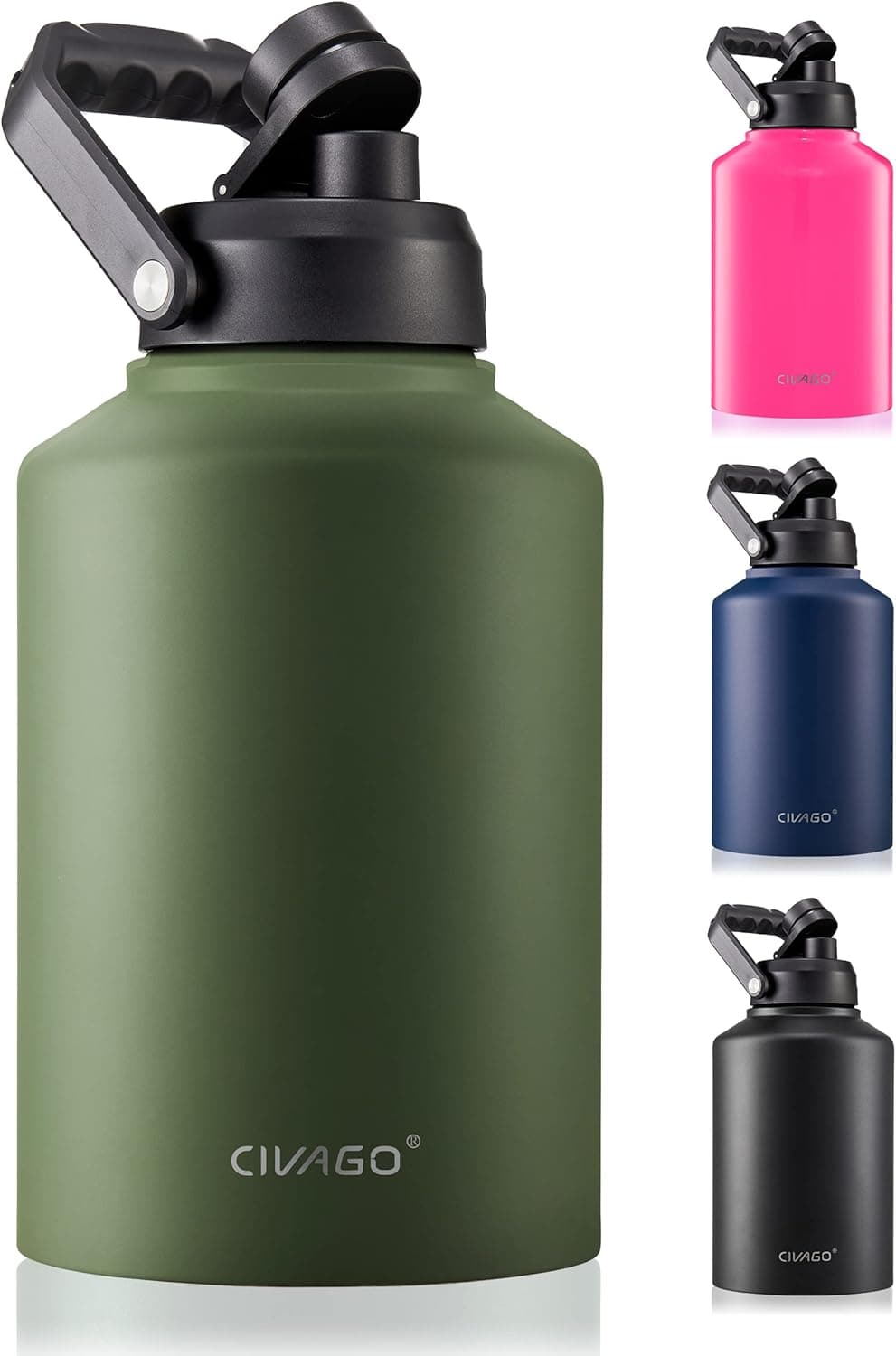CIVAGO Gallon Insulated Water Bottle Jug with Handle, 128 oz Stainless Steel Sports Canteen, Large Metal Growler Mug, Army Green
