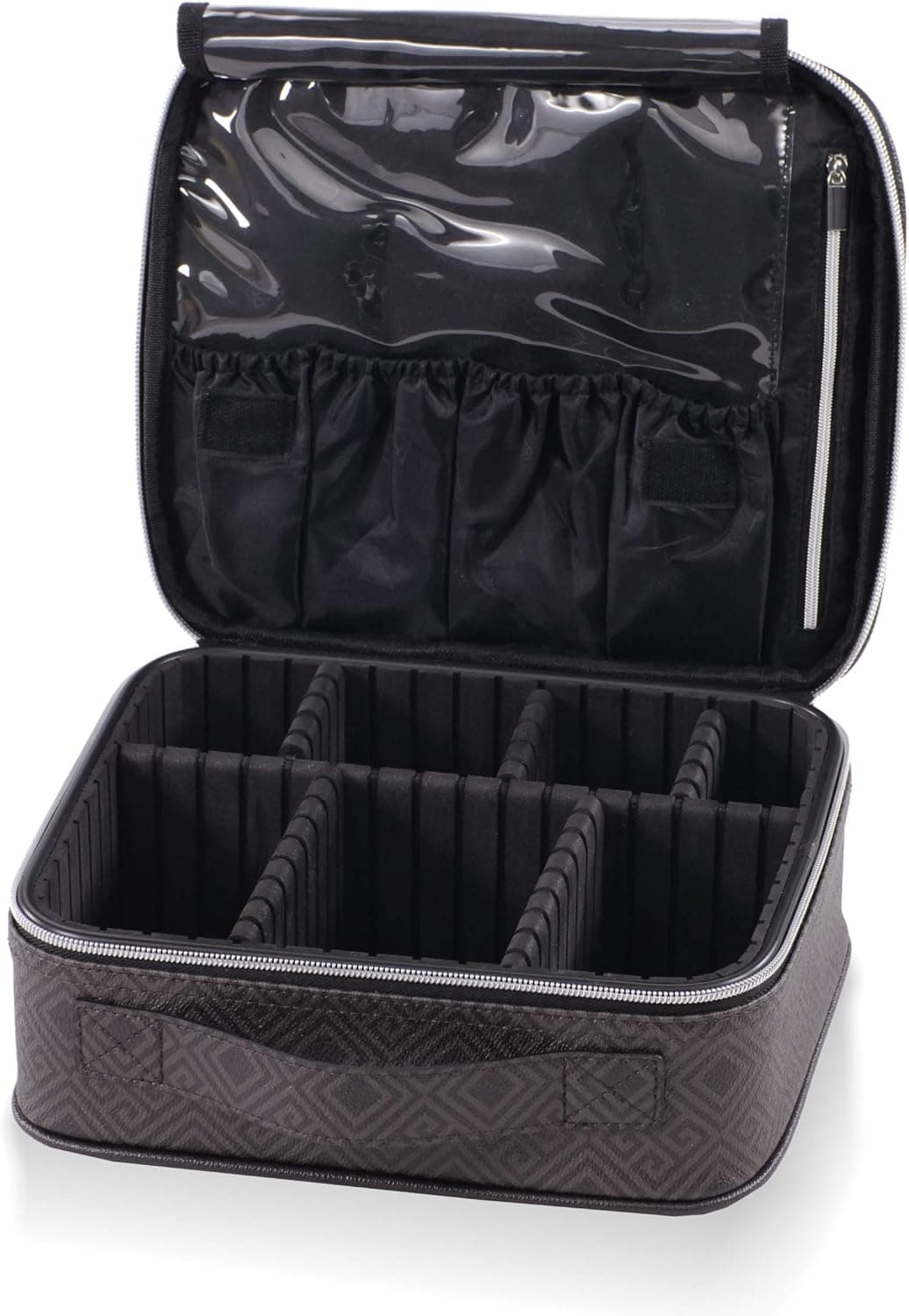 Travel Makeup Bag. Designer Cosmetic Organizer Bag with Compartments & Adjustable Dividers. Portable Vegan Leather Artist Train Case for Cosmetics Brushes Toiletries & Accessories Silver & Black