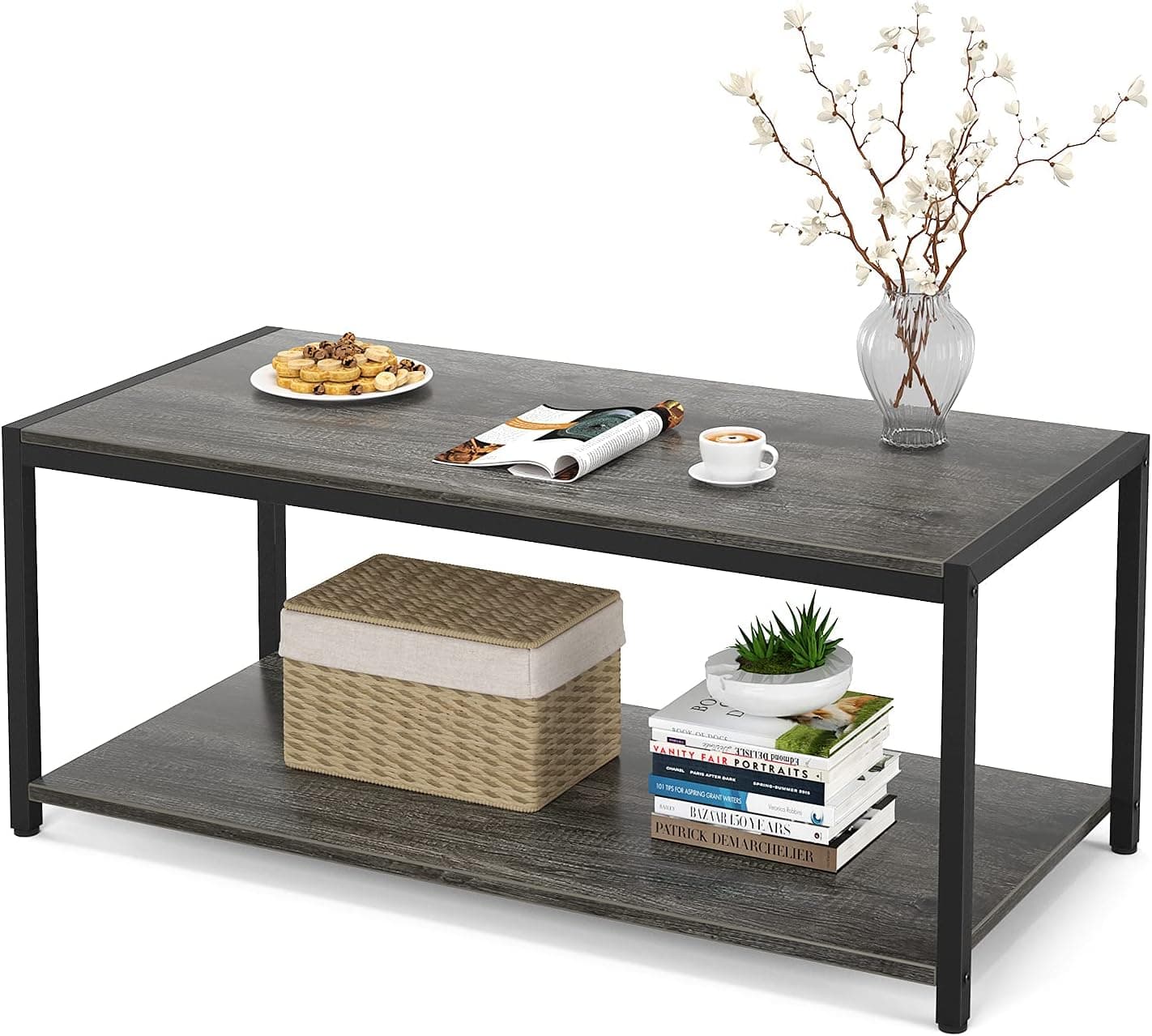 Homieasy Coffee Table, 43" Industrial Coffee Table for Living Room, Retro Central Table with Shelf, Wooden Tabletop and Metal Frame Living Room Table, Cocktail Table Tea Table, Black Oak