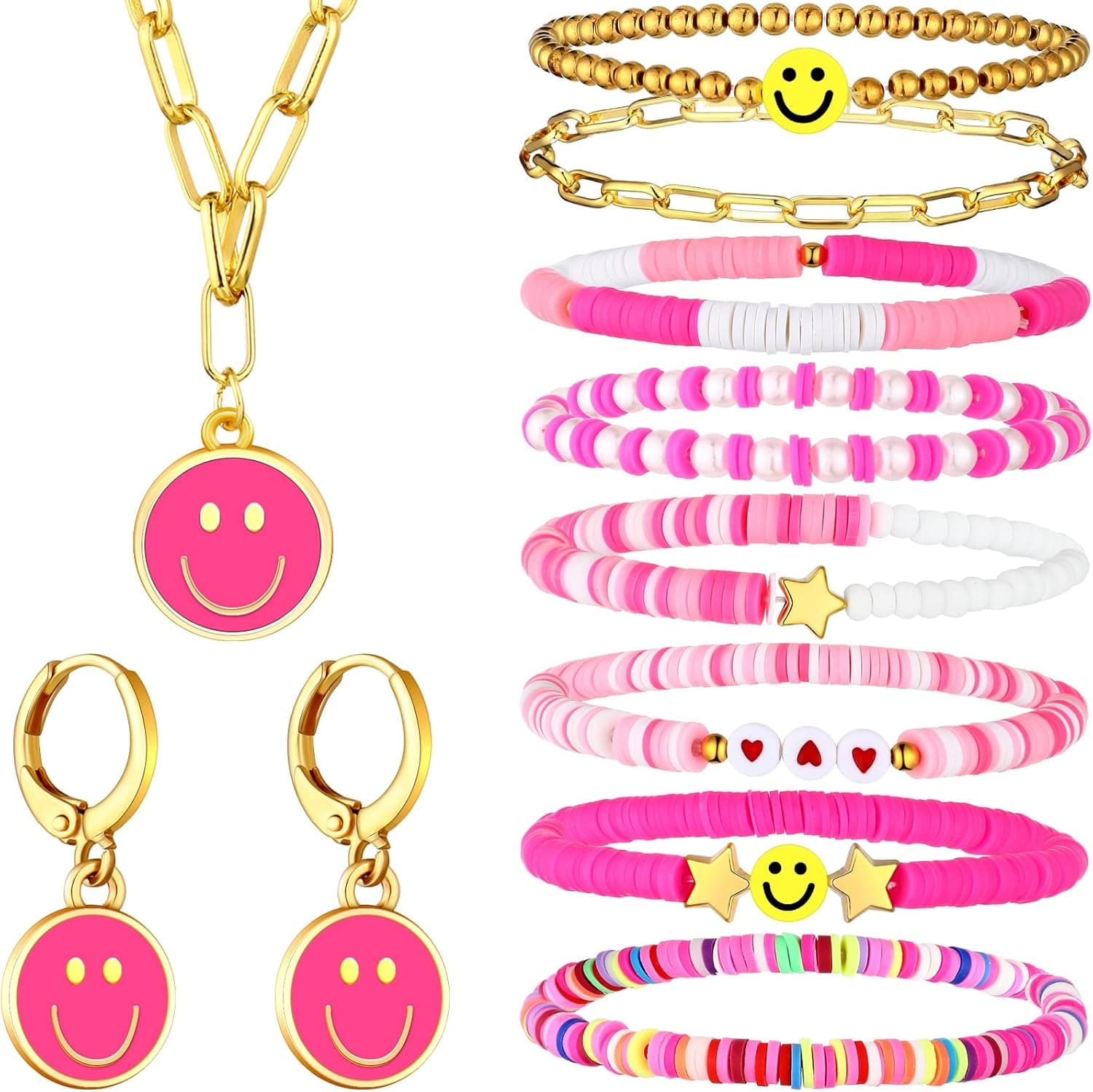 10 Pieces Preppy Jewelry Set Include 8 Stackable Beaded Bracelets 1 Smile Face Necklaces with Paperclip Chain and 1 Bohemian Earrings Smile Preppy Jewelry Gifts for Women Girls(Rose Red,Vivid Style)