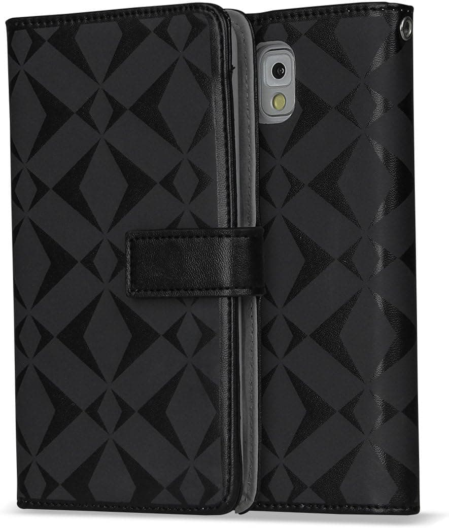 SOJITEK Samsung Galaxy Note3 III N9000 Premium Black Diamond on Black Series Color PU Leather Wallet Case with Stand / Removable Strap, Card & Money Pockets, ID Window Slots Pouches / Smart Magnetic Reversible Flap