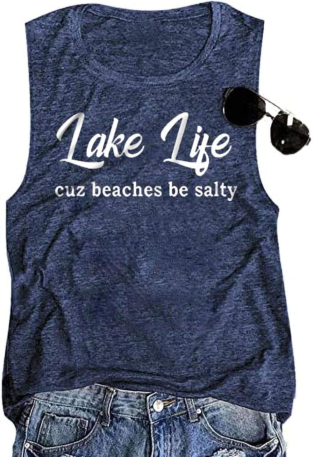 EIGIAGWNG Womens Lake Life Cuz Beaches Be Salty Tank Tops Summer Letter Printed T-Shirt Tees