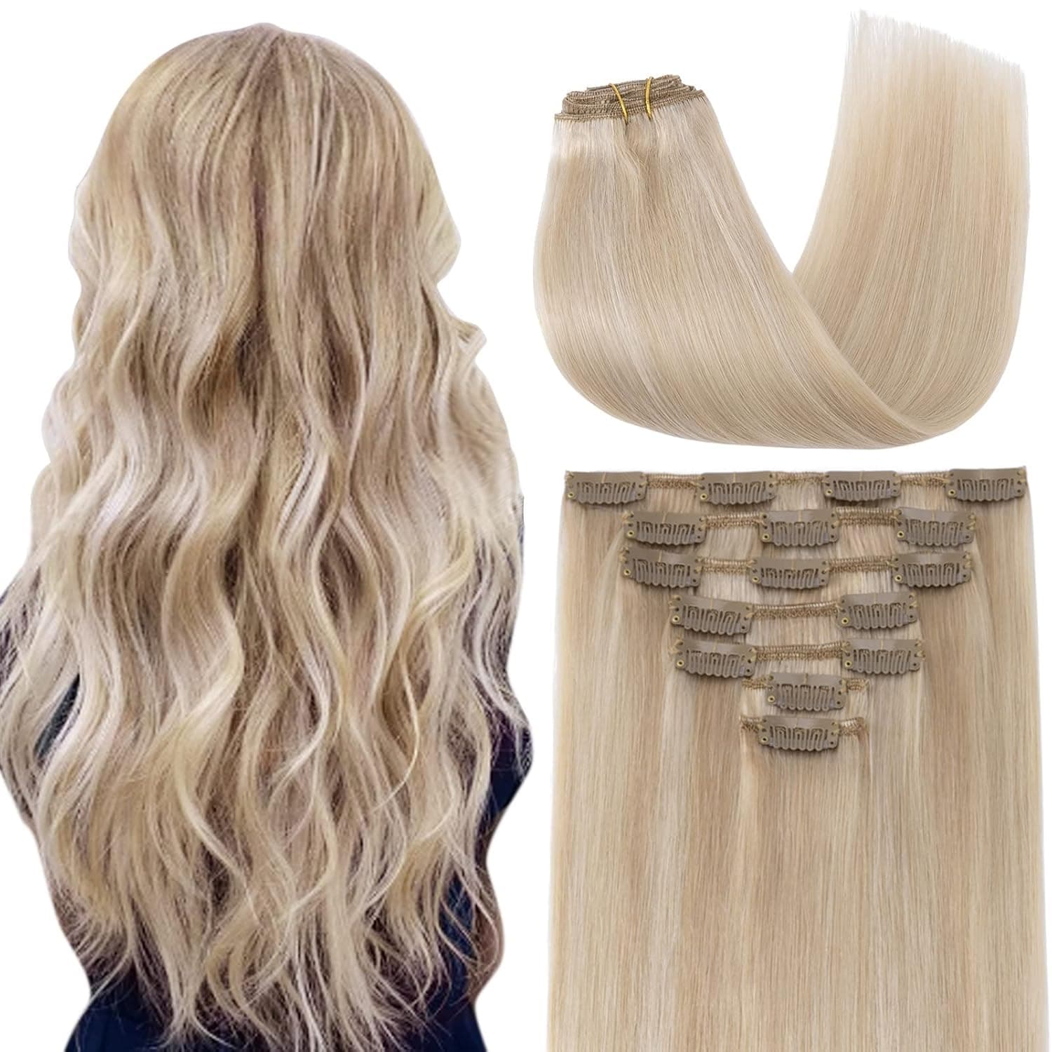 Clip in hair extensions real human hair 14 inch, Rich Choices remy hair extensions clip in human hair straight, thick, clip ins 120g 7pcs,#16P22 Light Blonde Highlighted Golden Blonde