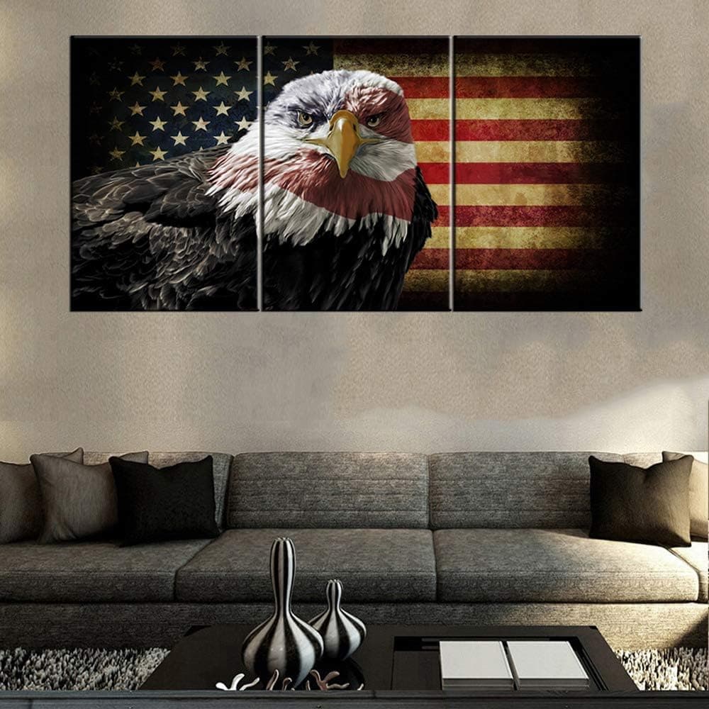 TUMOVO American Flag Framed Painting Bald Eagle and Flag of United State Pictures for Living Room Patriotic Artwork Giclee Red Canvas Wall Art Home Decorations Stretched Ready to Hang(48''Wx24''H)