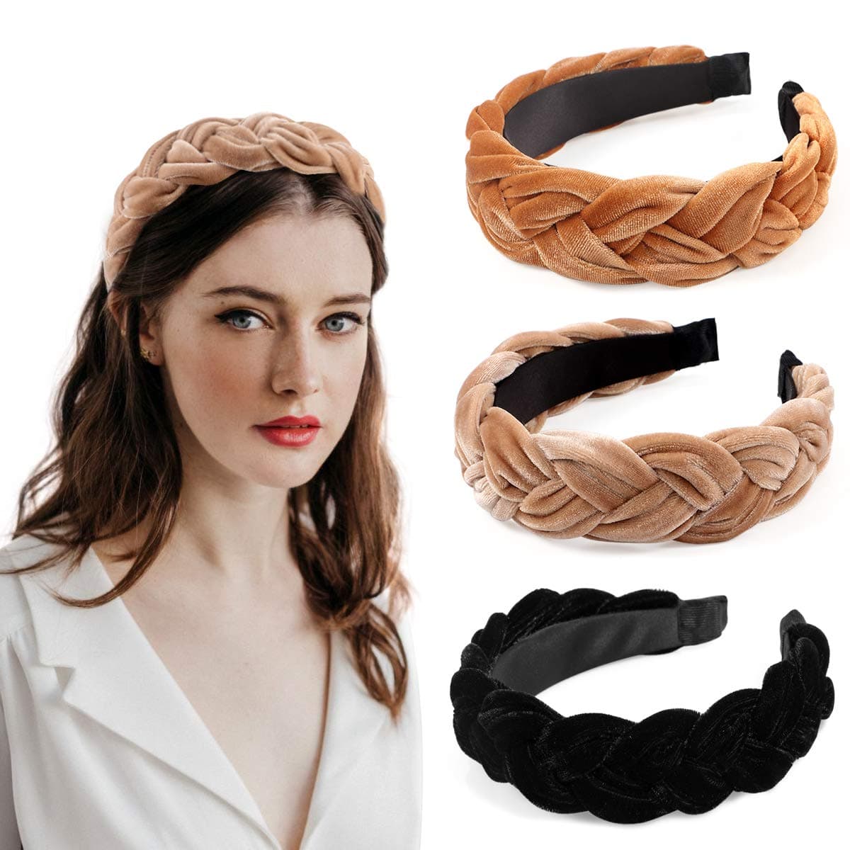 Bascolor Braided Velvet Headband 3pcs Cute Wide Thick Headband Turban for Women Spanish Vintage Style Alice Braid Hair Band Hair Accessories for Women Girls (Color4)