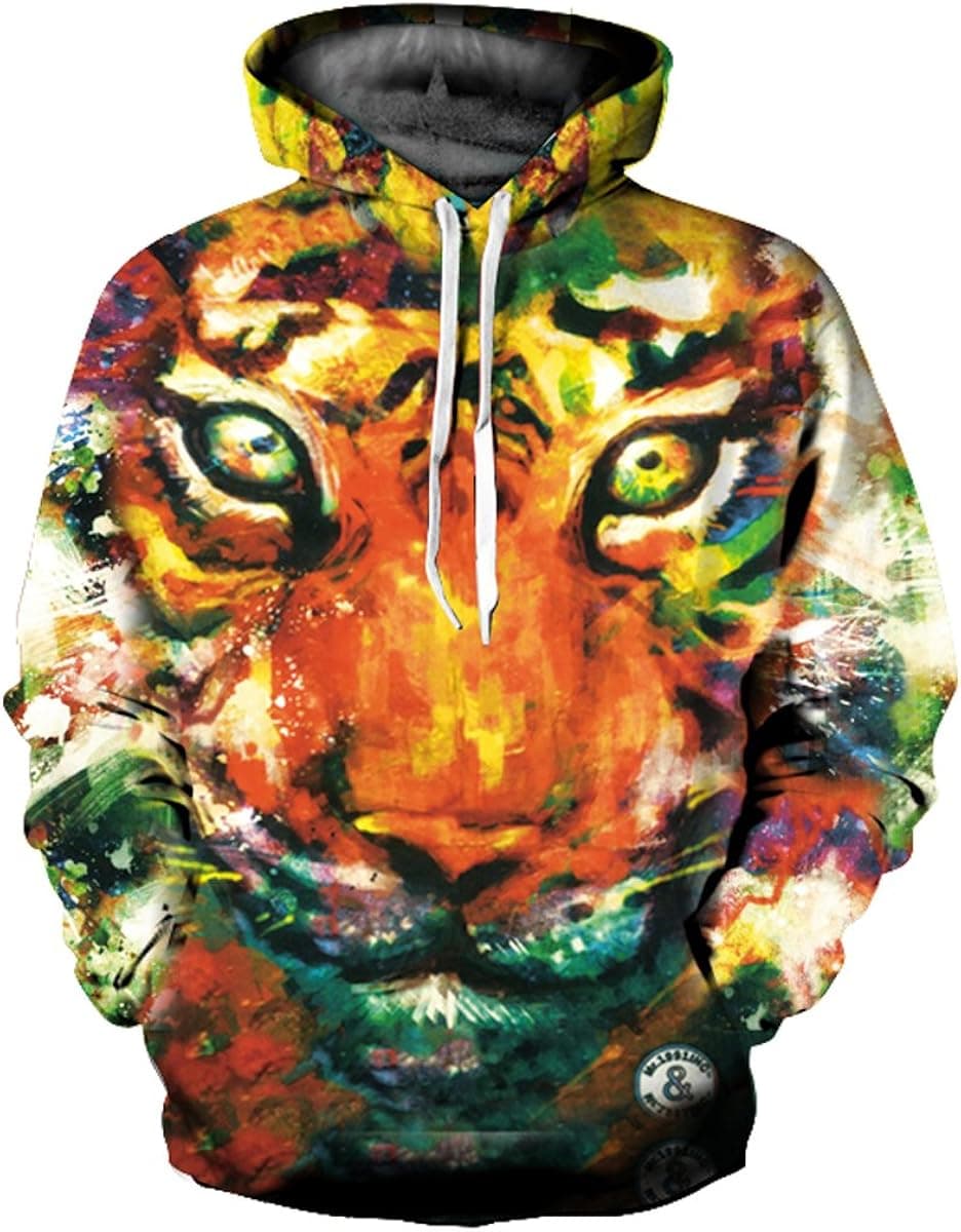 LEISUP Unisex Simulation Printed Galaxy Pocket Drawstring Hooded Sweatshirt Abstract Tiger XL