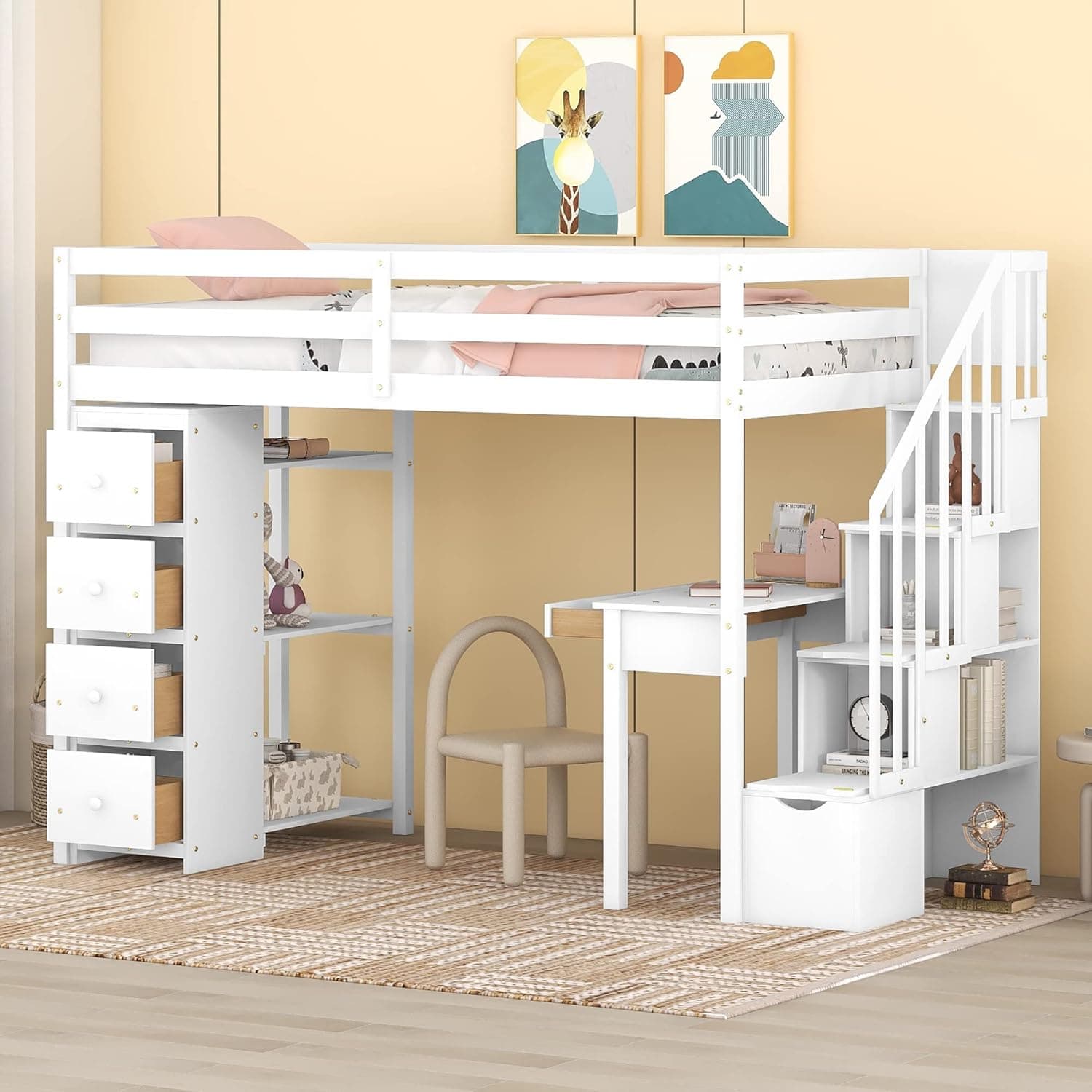 VilroCaz Elegant Twin Size Loft Bed with Storage Drawers and Desk, Wooden Loft Bed Frame with Storage Staircase and Safety Guardrail for Kids Teens, Maximized Space (White-A)