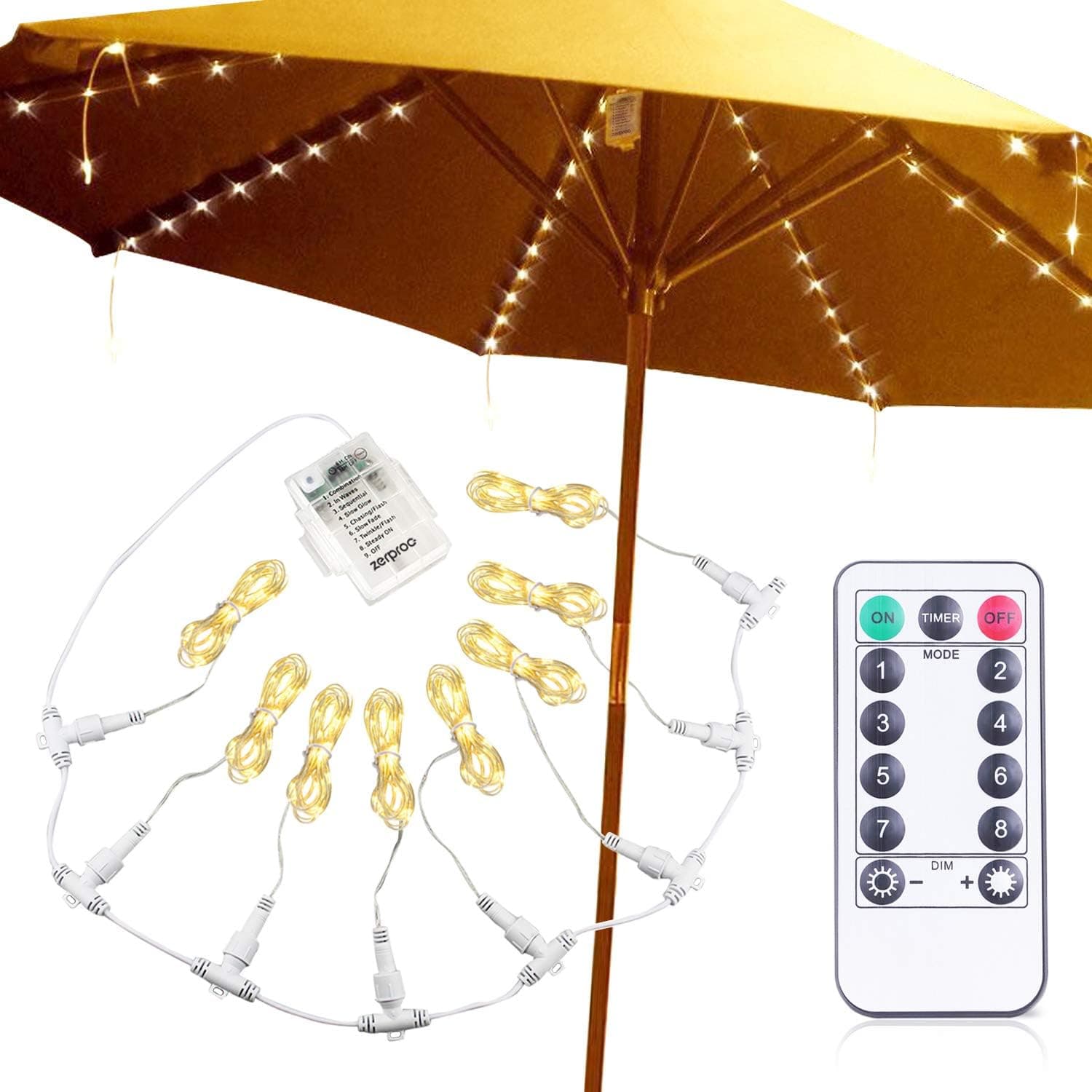 zerproc Patio Umbrella Lights, 104 LED String Lights with Remote Control, 8 Lighting Mode Umbrella Lights Battery Operated Waterproof for Patio Umbrellas Outdoor Use Camping Tents