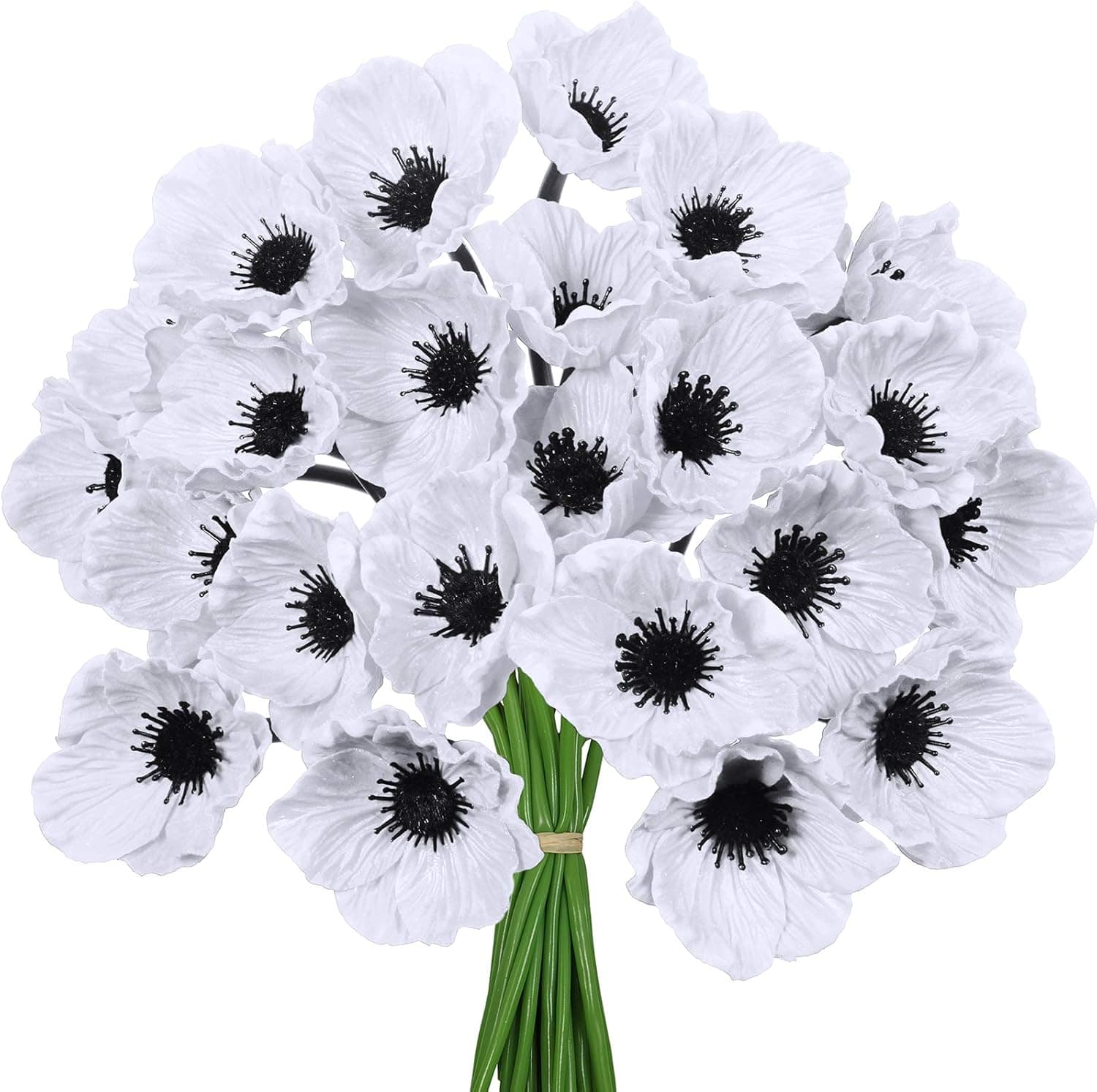 24 pcs Artificial White Flower Stems Real Touch Flower Fake Flowers in White with Black Center for Wedding Bouquets Corsages Centerpiece Floral Arrangements