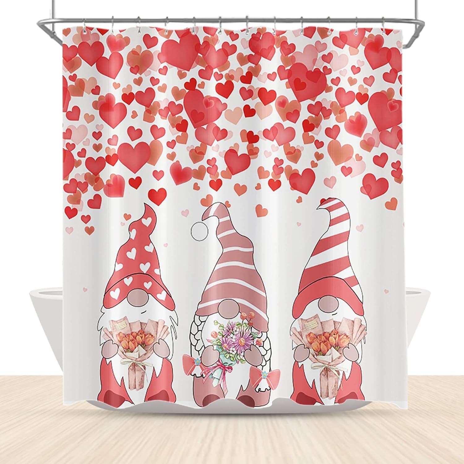 Arrebolart Happy Valentine’s Day Shower Curtains Romantic Cute Gnomes Handing Rose Flowers Bathroom Decor Fabric Waterproof with Hooks 72 x 72 Inch
