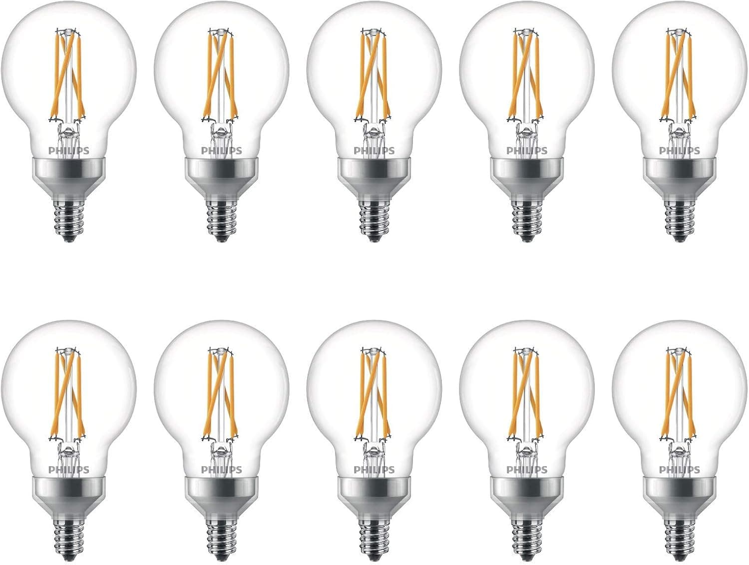 PHILIPS 536714 LED Dimmable G16.5 Clear Filament Glass Light Bulb with Warm Glow Effect: 250-Lumens, 2700-2200 Kelvin, 3 (25-Watt Equivalent), Sot White, E12 Candelabra Base, 10 Pack, Piece