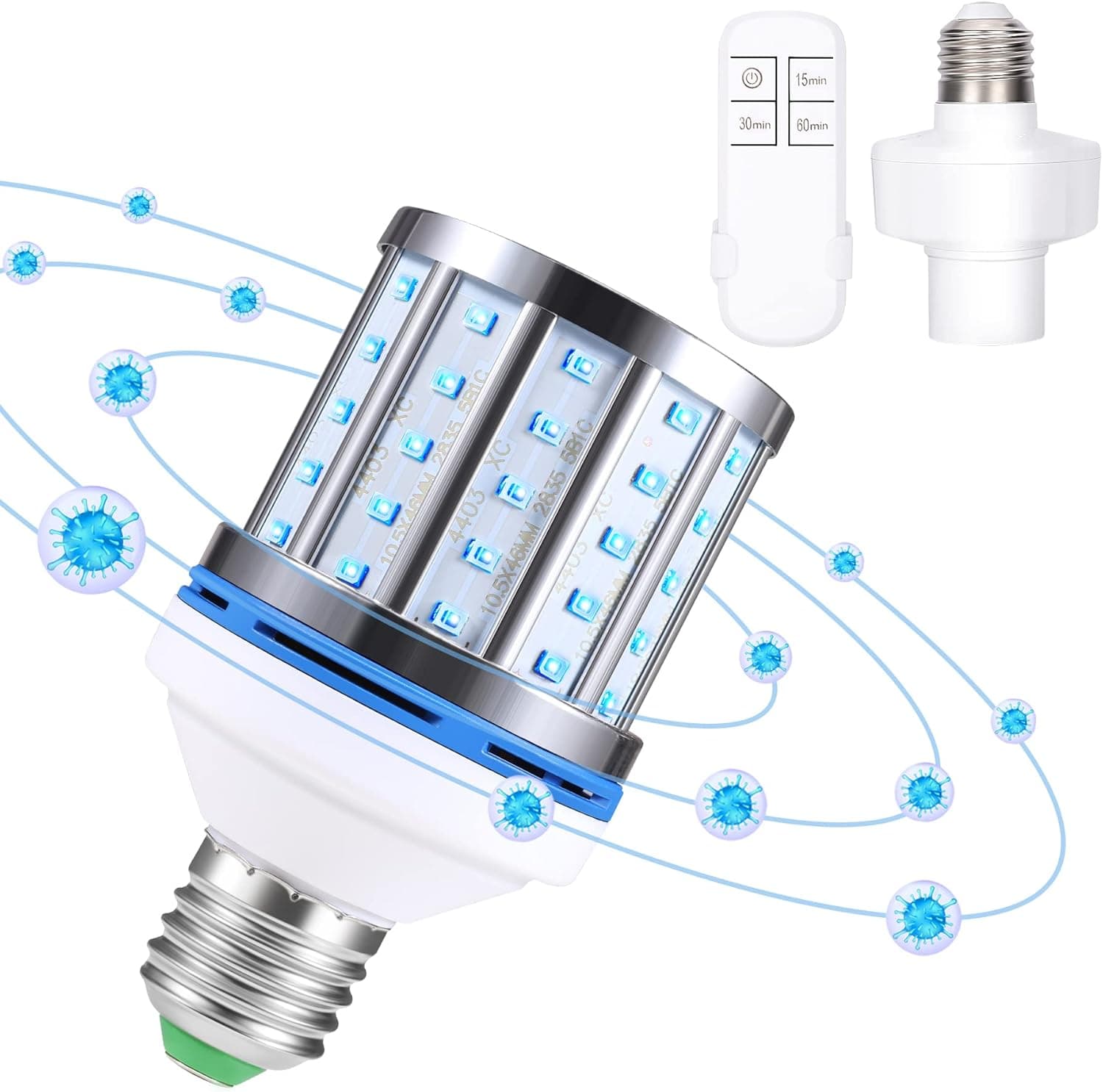 30W UV Germicidal Lamp, UV Sanitizer Bulb with E26/E27 Base,Remote Control Timer UV LED Corn Lamp Bulb for Warehouse,School,Home,Restaurant,Office