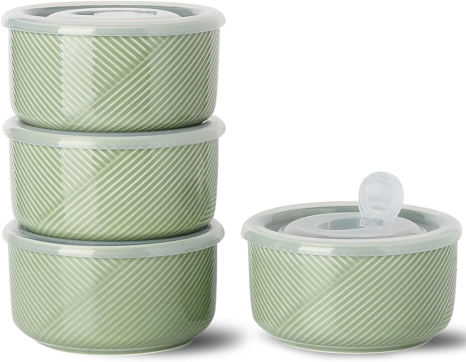 Adewnest Ceramic Bowl with Lid: Soup Bowls with Lids Microwave Safe - Food Prep Bowls with Lids - Salad Bowls Set of 4 for Lunch, Picnic, Camping - Kitchen Food Storage Container - 5 in, 20 oz (Green)