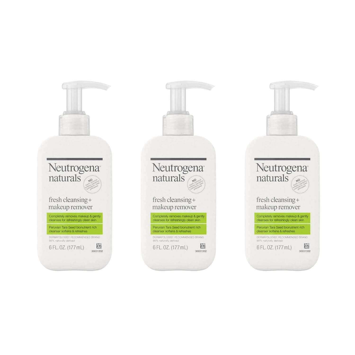 Neutrogena Naturals Fresh Cleansing Daily Face Wash + Makeup Remover with Peruvian Tara Seed, Hypoallergenic, Non-Comedogenic and Sulfate-, Paraben- and Phthalate-Free, 3 x 6 fl. oz