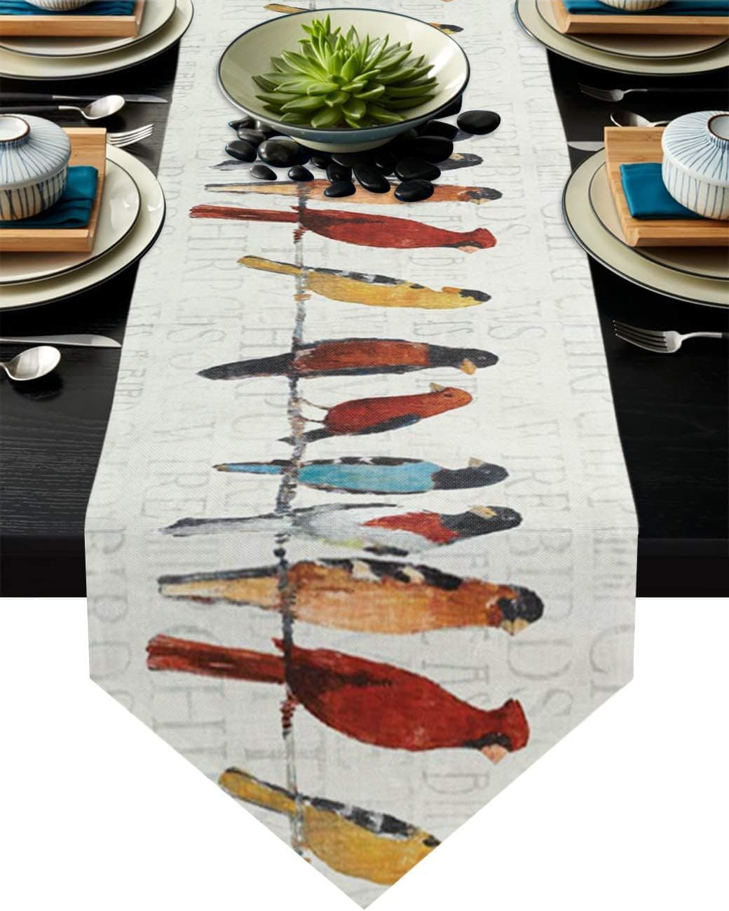 Triangle Cotton Linen Table Runners 120 Inches Long, Colorful Bird Standing on Tree Branch Home Decor for Wedding/Dinner/Events, Machine Washable, Tabletop Collection Vintage Shabby Newspaper
