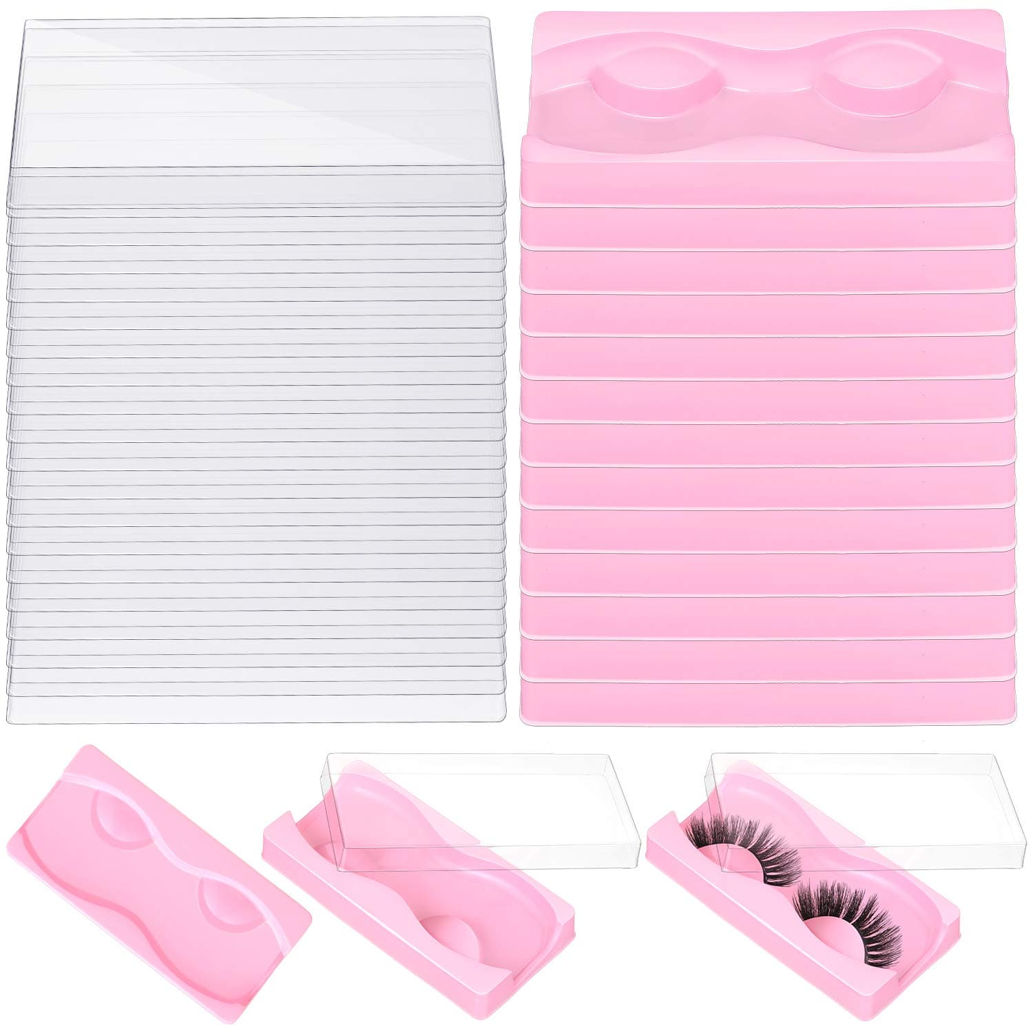 50 Pieces Large Rectangle False Eyelash Packaging Box Eyelash Storage Case with 50 Pieces Rectangle Empty Lash Trays Holder Plastic Eyelash Large Trays for Beauty Salons (Pink)