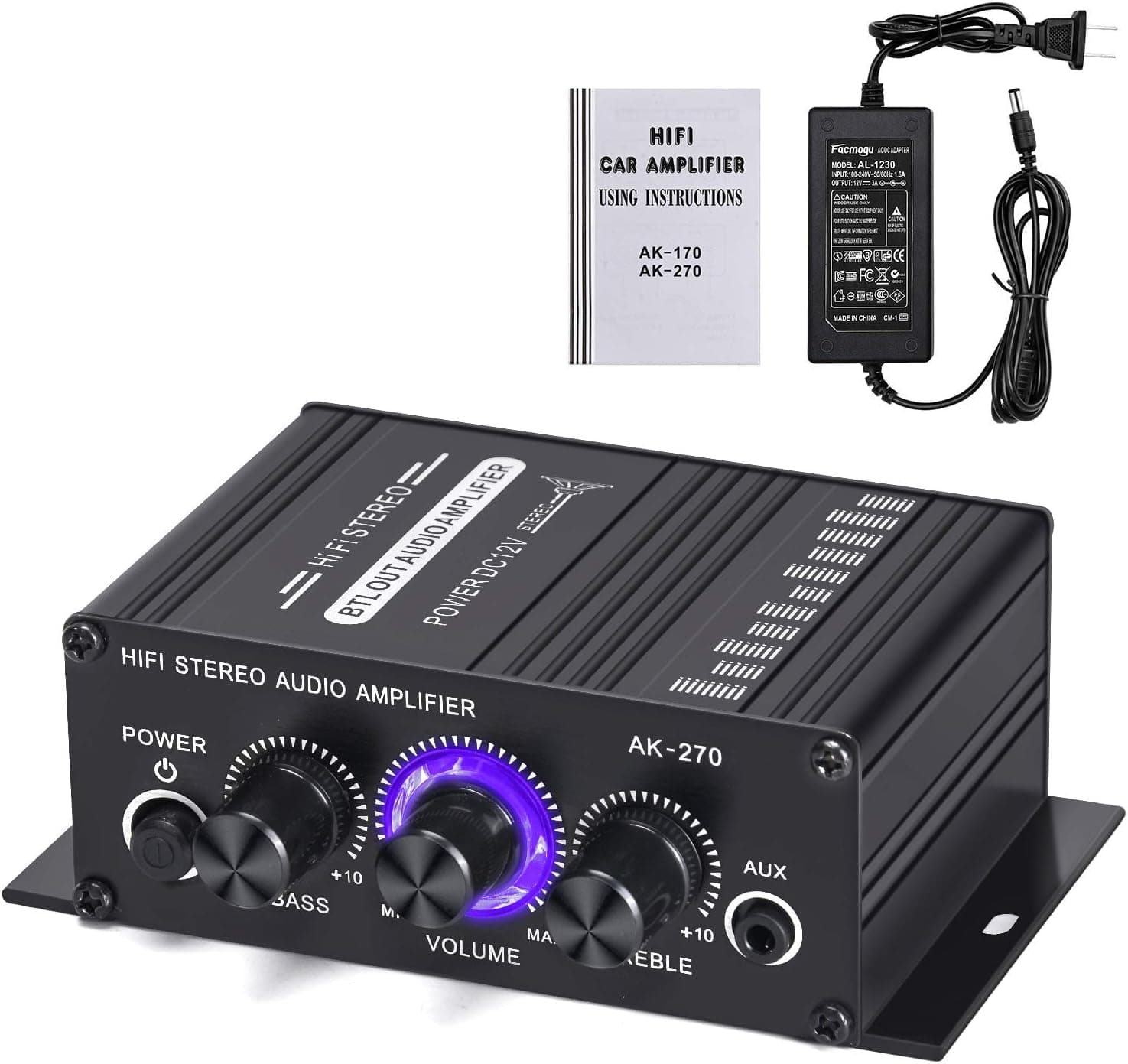 Facmogu AK270 Car Power Amplifier with 12V 3A Power Adapter, 20W+20W RMS Mini Amplifier, 2 Channel Class D HiFi Bass Subwoofer with RCA AUX Input