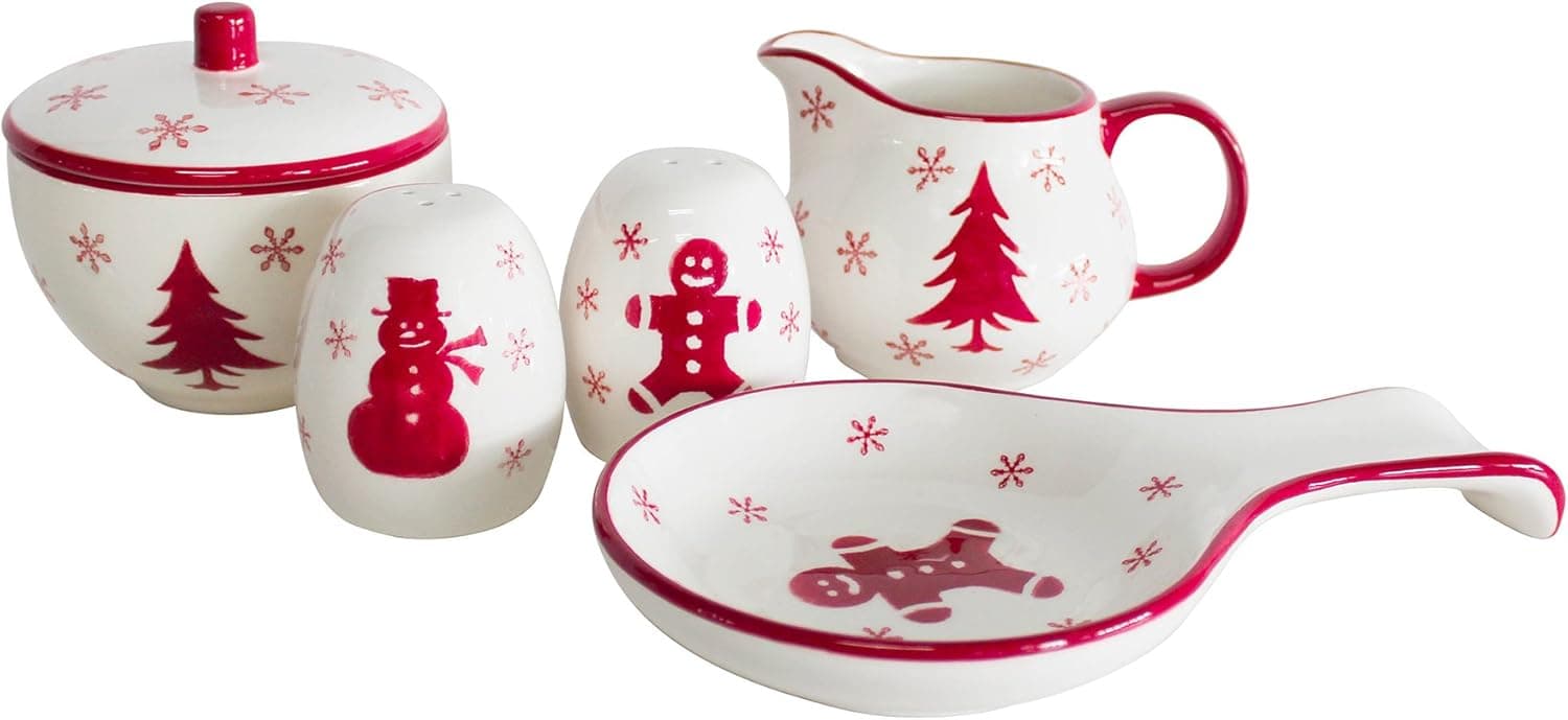 Euro Ceramica Winterfest Collection Festive Ceramic Tableware Necessities, 4 Piece Completer Set, Assorted Hand-Stamped Holiday Designs, Red & White