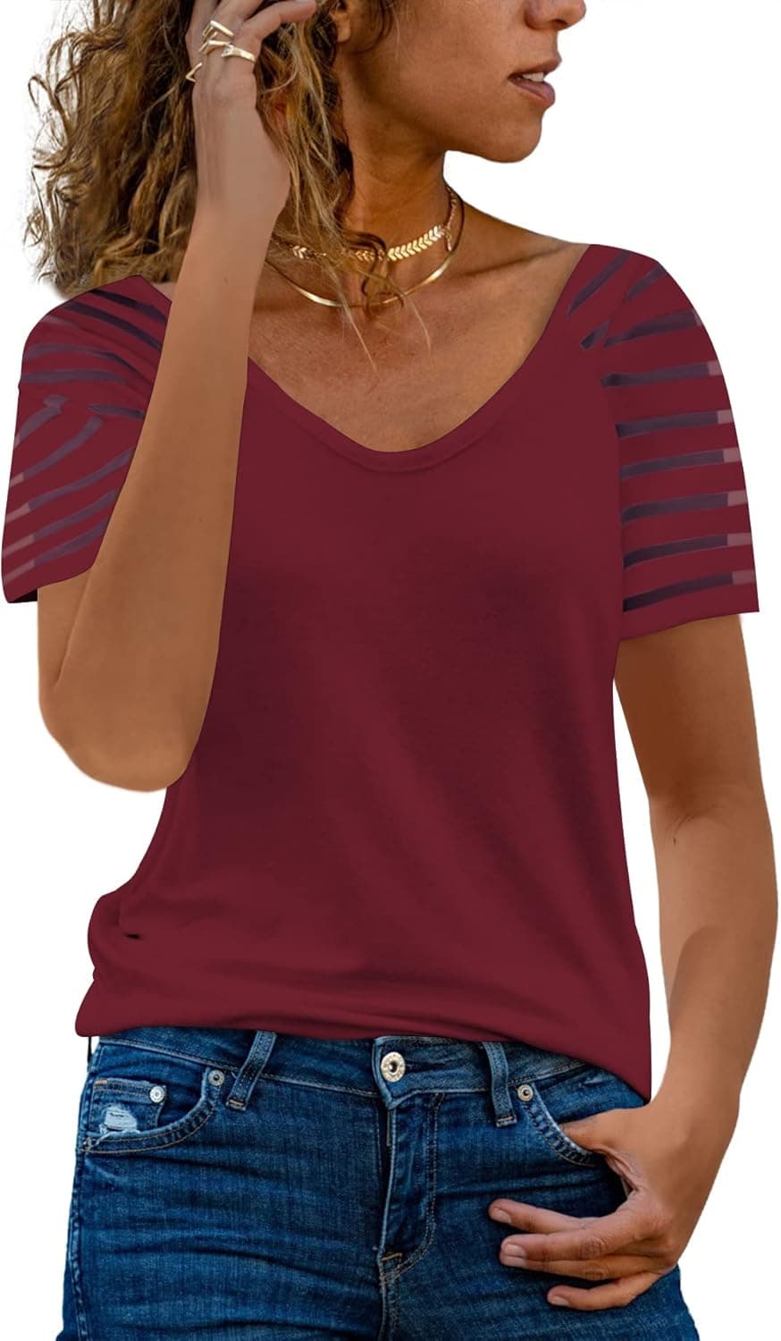 AISEW Womens Long/Short Sleeve V Neck T-Shirt Striped Sheer Mesh Raglan Tees Loose Casual Tops