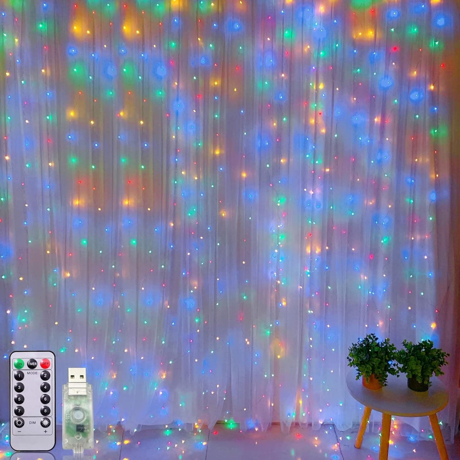 TURNMEON 300 LED Christmas Window Curtain String Lights Decoration,Timer 8 Modes Remote Control USB Powered Xmas Fairy Lights Party Home Bedroom Outdoor Indoor Wall Decor,10 x 10 Ft