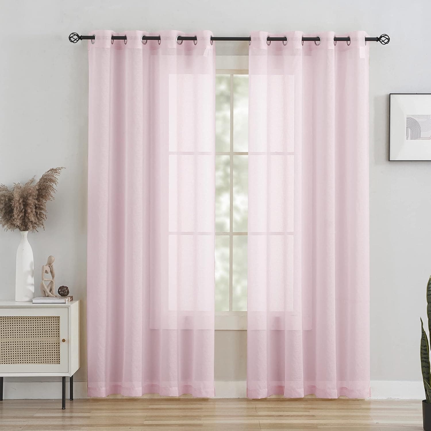 ZINCIN Pink Semi Sheer Curtains 95 Inches Long for Bedroom Windows Solid Drapes with Top Elegant Grommet 2 Panels Treatment Light Pink Textured Sheer Curtains for Dinning Room 52 X 95 Inch Length