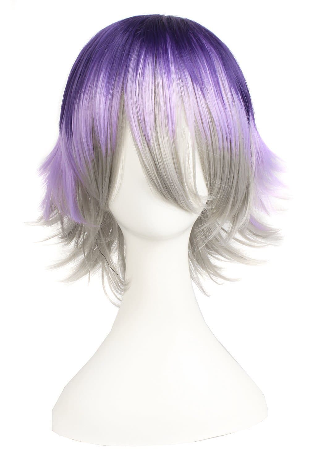 MapofBeauty Mixed Color Short Straight Cosplay Costume Wig (Dark Purple/Light Purple/Gray)