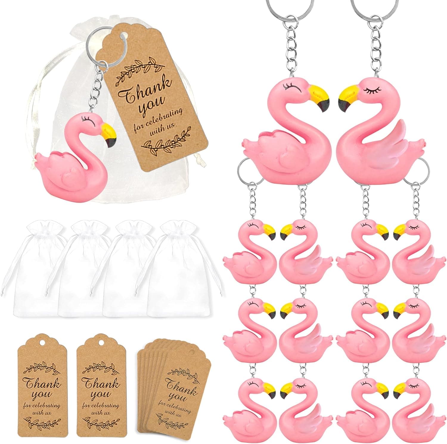 Flamingo Party Favors, Flamingo Keychain Goodie Bags 12 Sets with Cute Flamingo Key Ring Thank You Kraft Tags and Organza Bags for Flamingo Themed Birthday Party Hawaii Party Summer Holiday Party