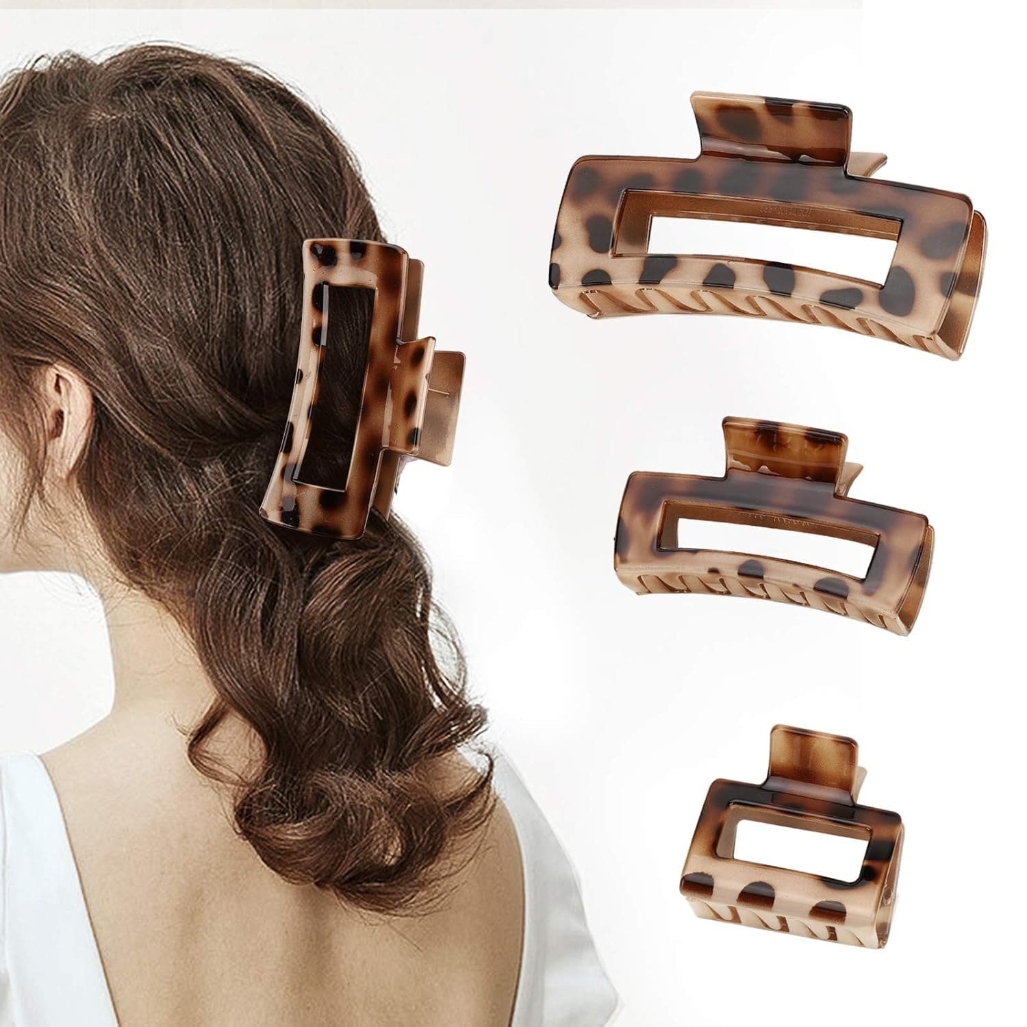 Lewondr Hair Claw Clips, [3 PACK-S/M/L] Classic Leopard Print Hair Jaw Clips Cutout Tortoise Shell Hair Clips, No-Slip Grip Secure Hold Rectangle Hair Clamp for Women Thin Thick Hair - Coffee