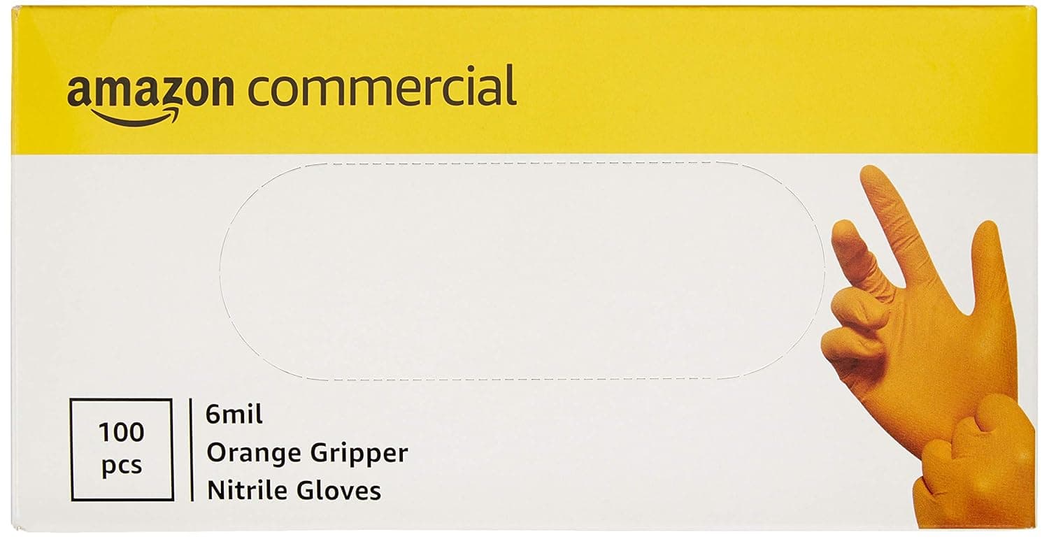 AmazonCommercial Powder Free Disposable Nitrile Gloves, 6 mil, Orange, Tyre-Tread Textured, 240mm, Size S, 100 per Pack