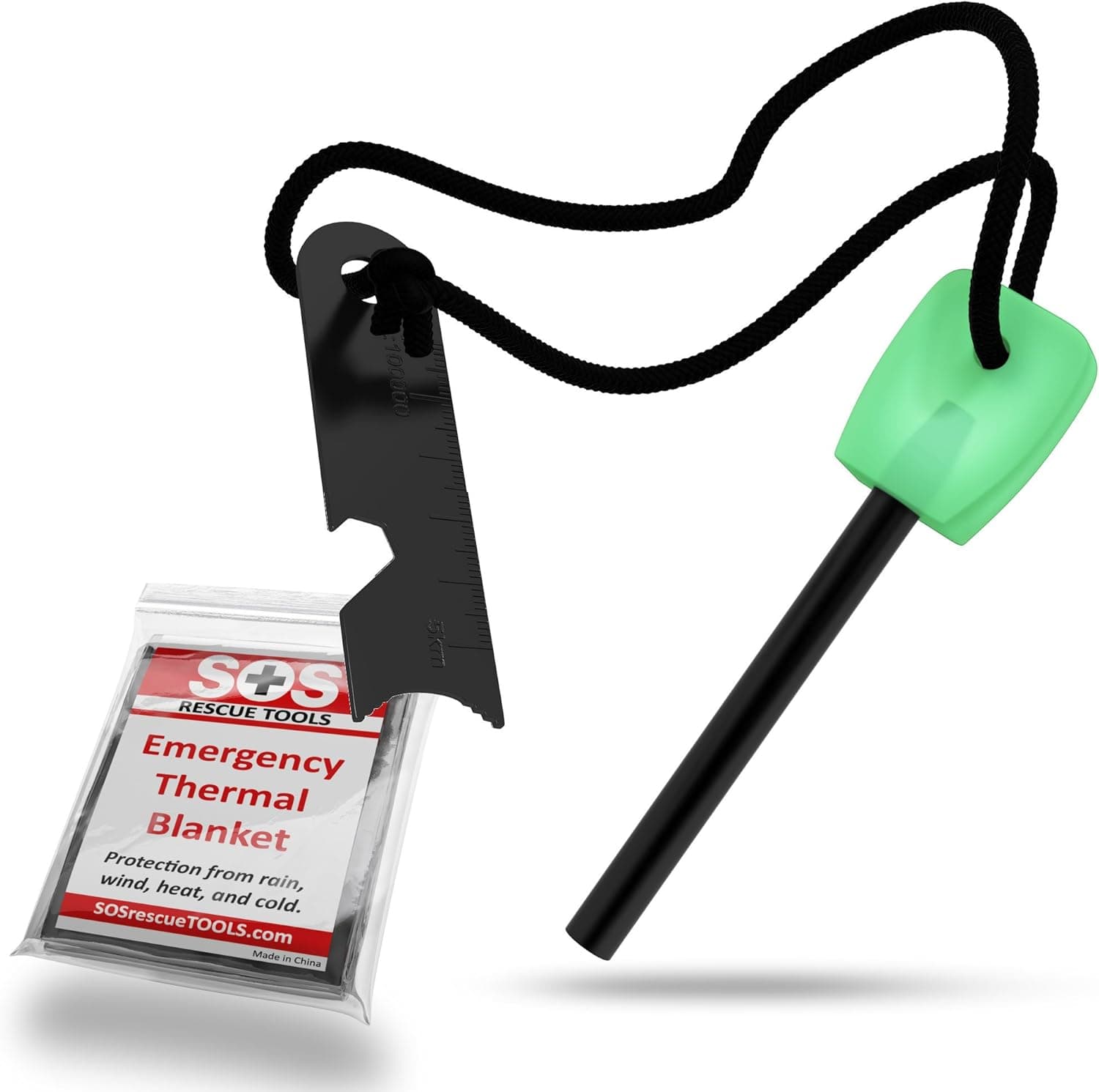 Fire Starter Magnesium - Emergency Blanket - Bottle Opener Survival Gear Pack (Glow in the Dark Green). Perfect for Survival Kits or Bug Out Bag - Lights in Wet Conditions. Blanket is Durable Mylar - by SOS Rescue Tools - 100%.