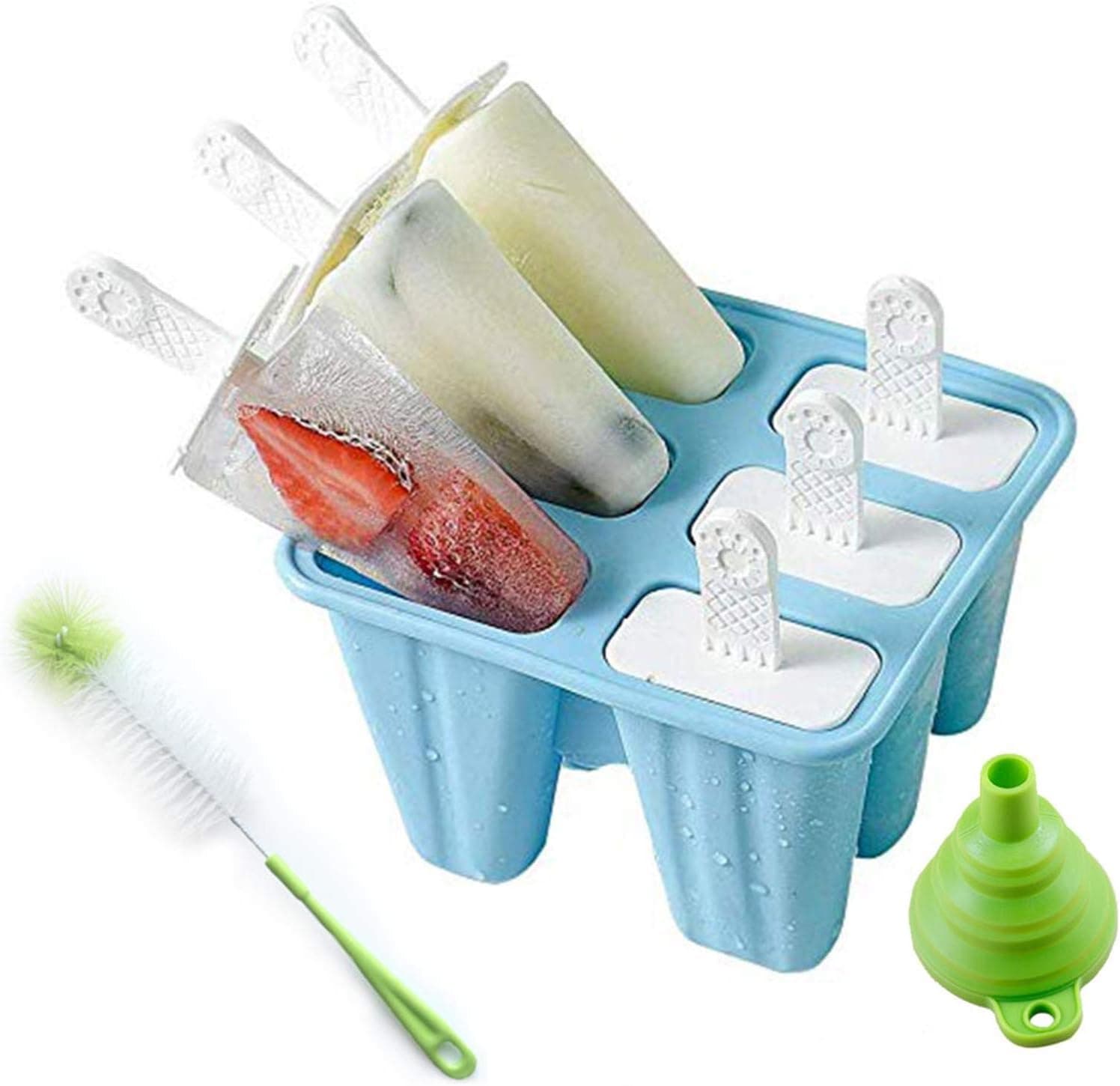 Popsicle Molds Silicone Ice Pop Molds Reusable Popsicle Maker Easy Release Ice Pop Make DIY Family with Silicone Funnel and Cleaning Brush（6 Pieces）(Blue)