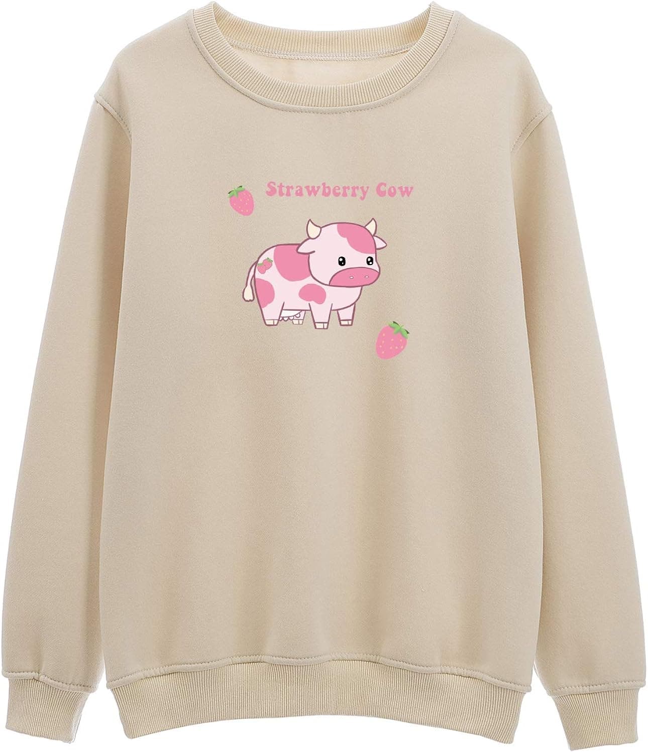 KEEVICI Cartoon Cute Strawberry Cow Graphic Cotton Crewneck Sweatshirt for Teen Girls