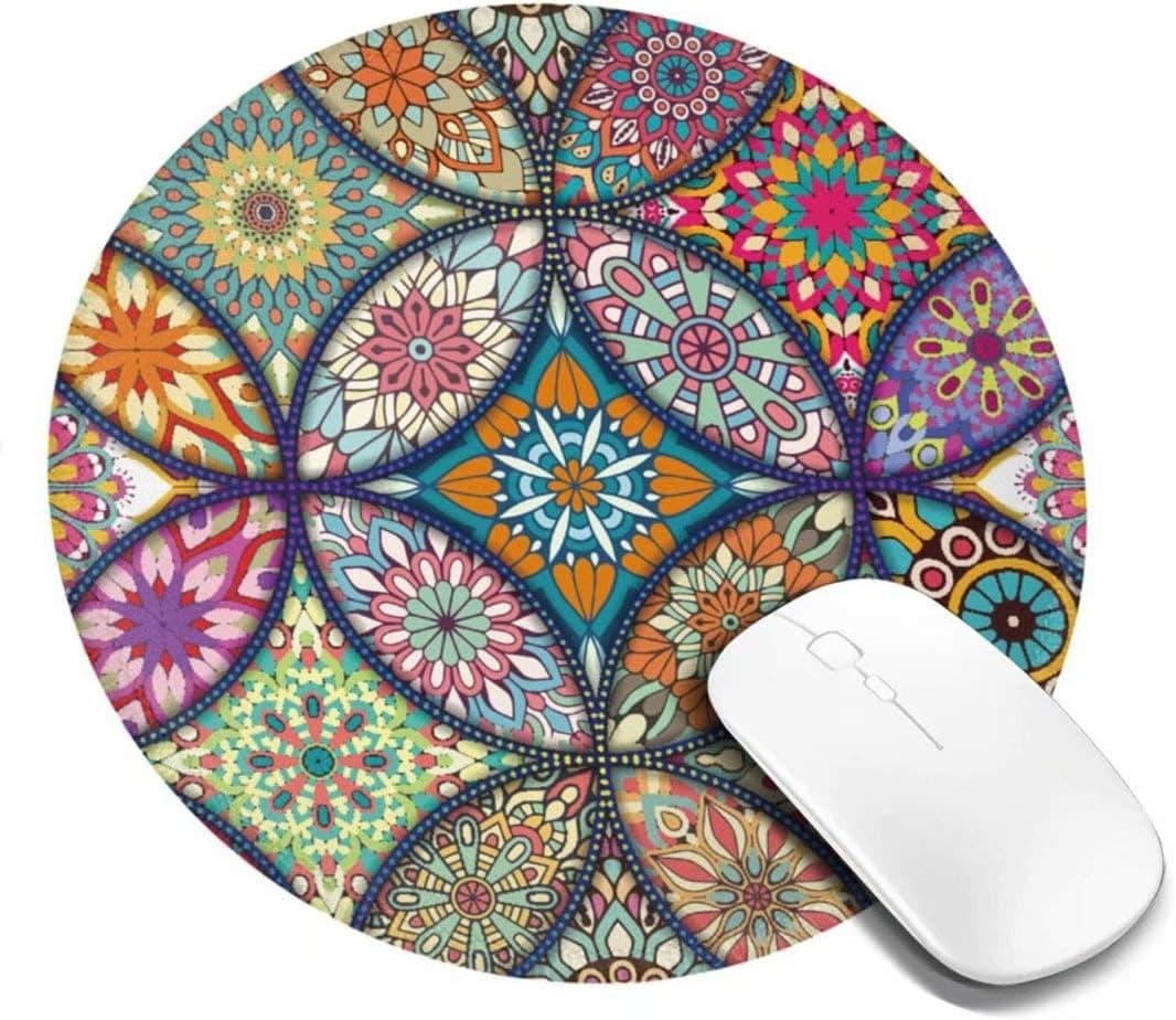 ZMKDLL Rubber Mouse Mat,Mandala Colour Waterproof Mousepad with Stitched Edge Non-Slip Rubber Base,Premium-Textured Mouse Pad with Design for Office Laptop, Computer & PC,Round 7.9 x 7.9 x 0.12 Inch
