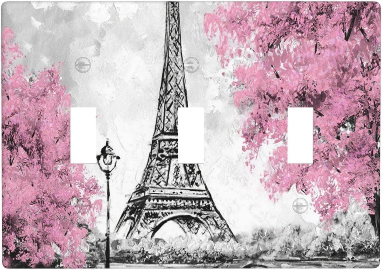France Paris Pink Tower Flowers Romantic Painting Light Switch Plate Cover Plastic Wall Plates Decor Print (Triple Gang Toggle Switch)