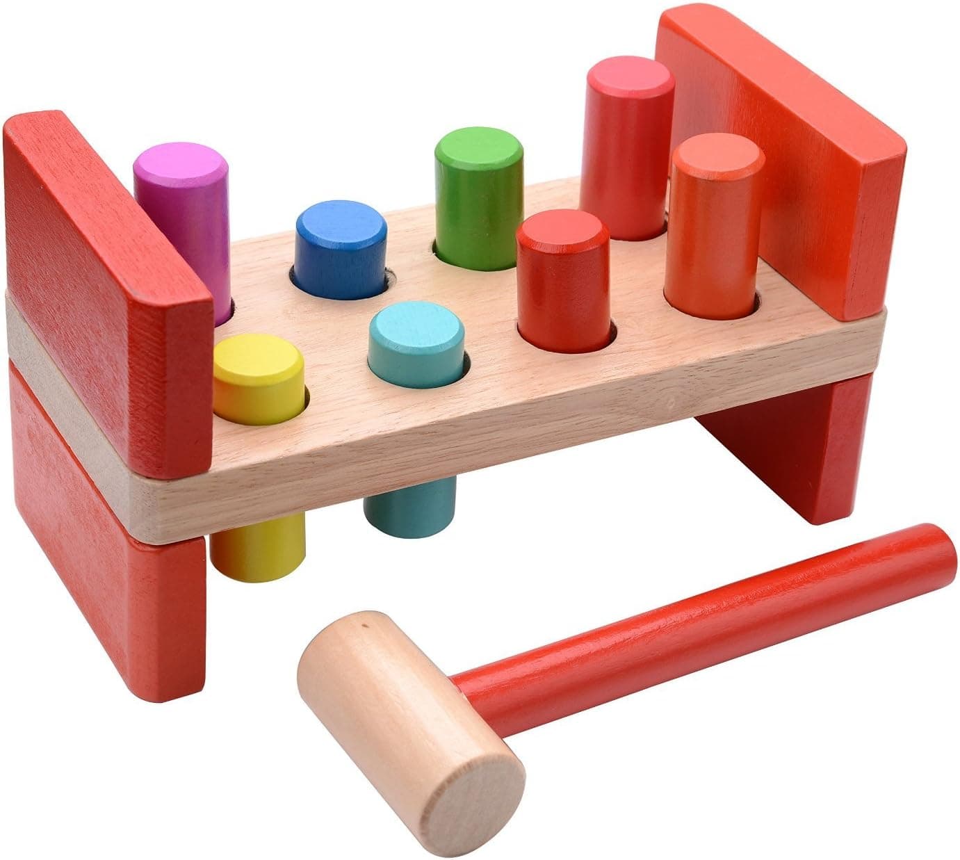 VIAHART Classic Wooden Hammer Pounding Bench with 8 Colorful Pegs for Baby Kids Toddlers | Develops Hand-Eye Coordination and Fine Motor Skills
