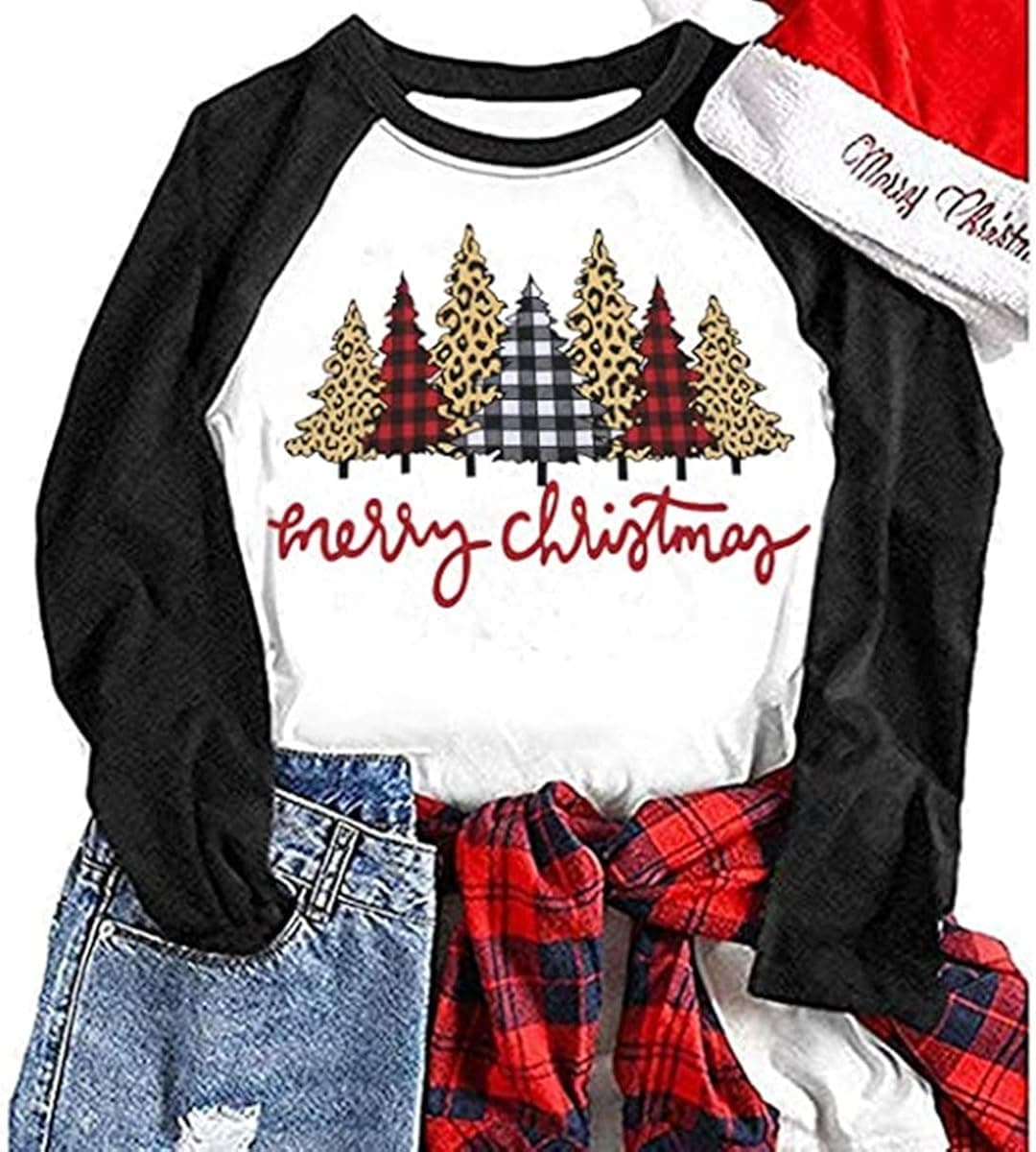 EIGIAGWNG Womens Christmas Tree Leopard Printed Raglan T-Shirt Long Sleeve Graphic Tee Tops