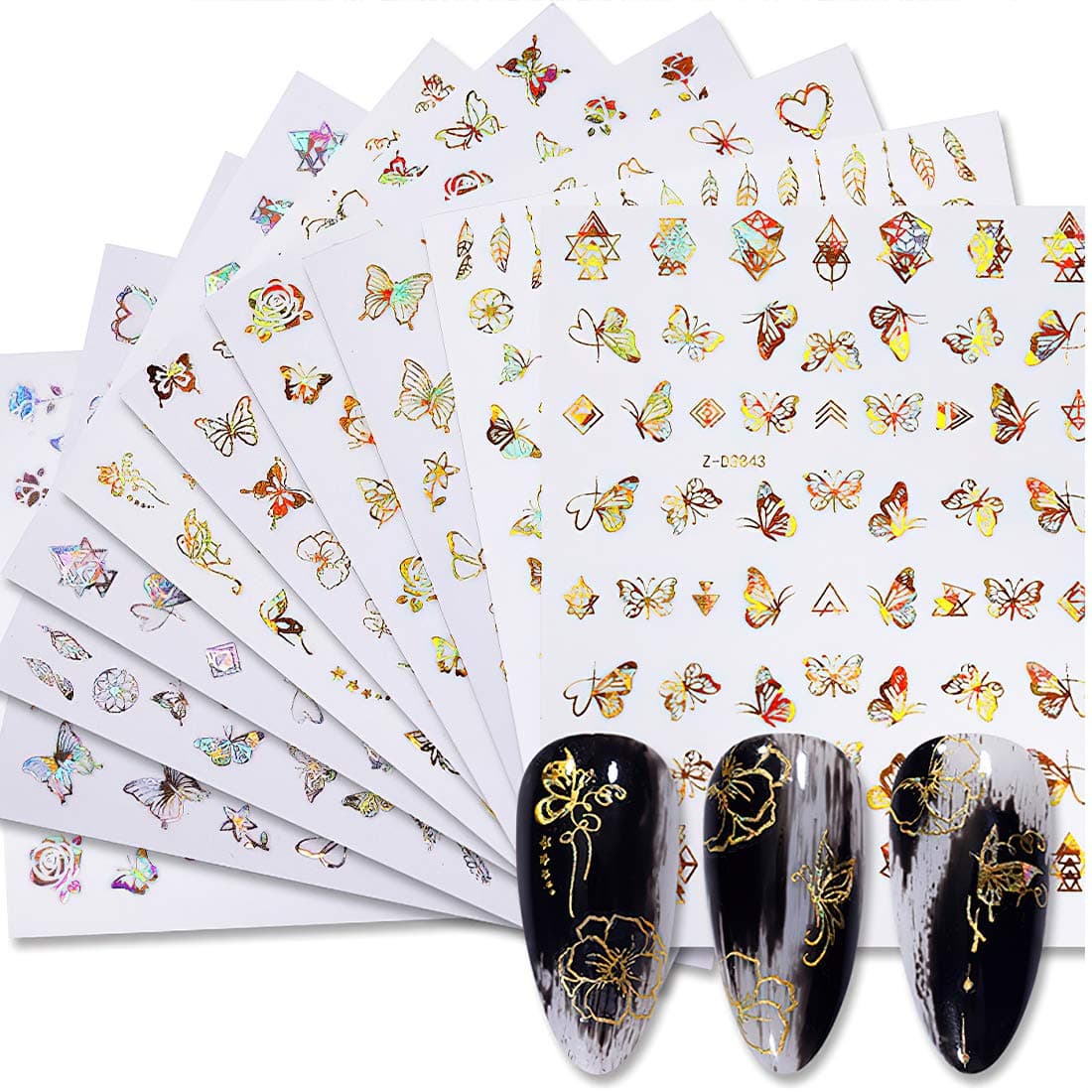 10 Sheets Nail Art Adhesive Sticker Luxury Decals Different Laser Gold Silver Color Butterfly Rose Flower Geometry Leaves Design Nail Art Decoration Accessories