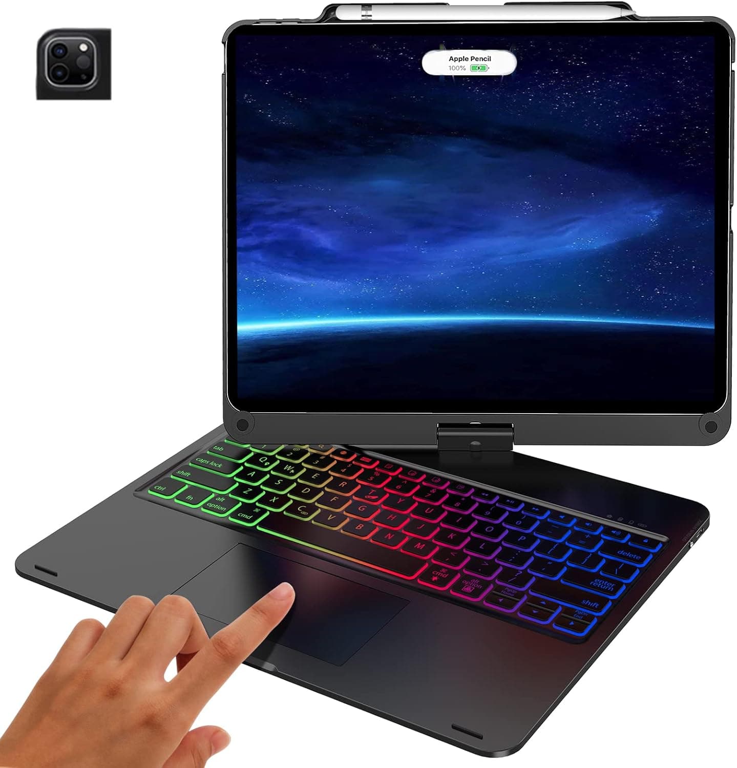 FARYODI iPad Pro 12.9 Case with Keyboard (6th 2022 Gen/5th 2021 Gen) 360 Rotatable Backlit Keyboard with Trackpad & Pencil Holder for iPad Pro12.9 4th 2020 & 3rd 2018 - Black