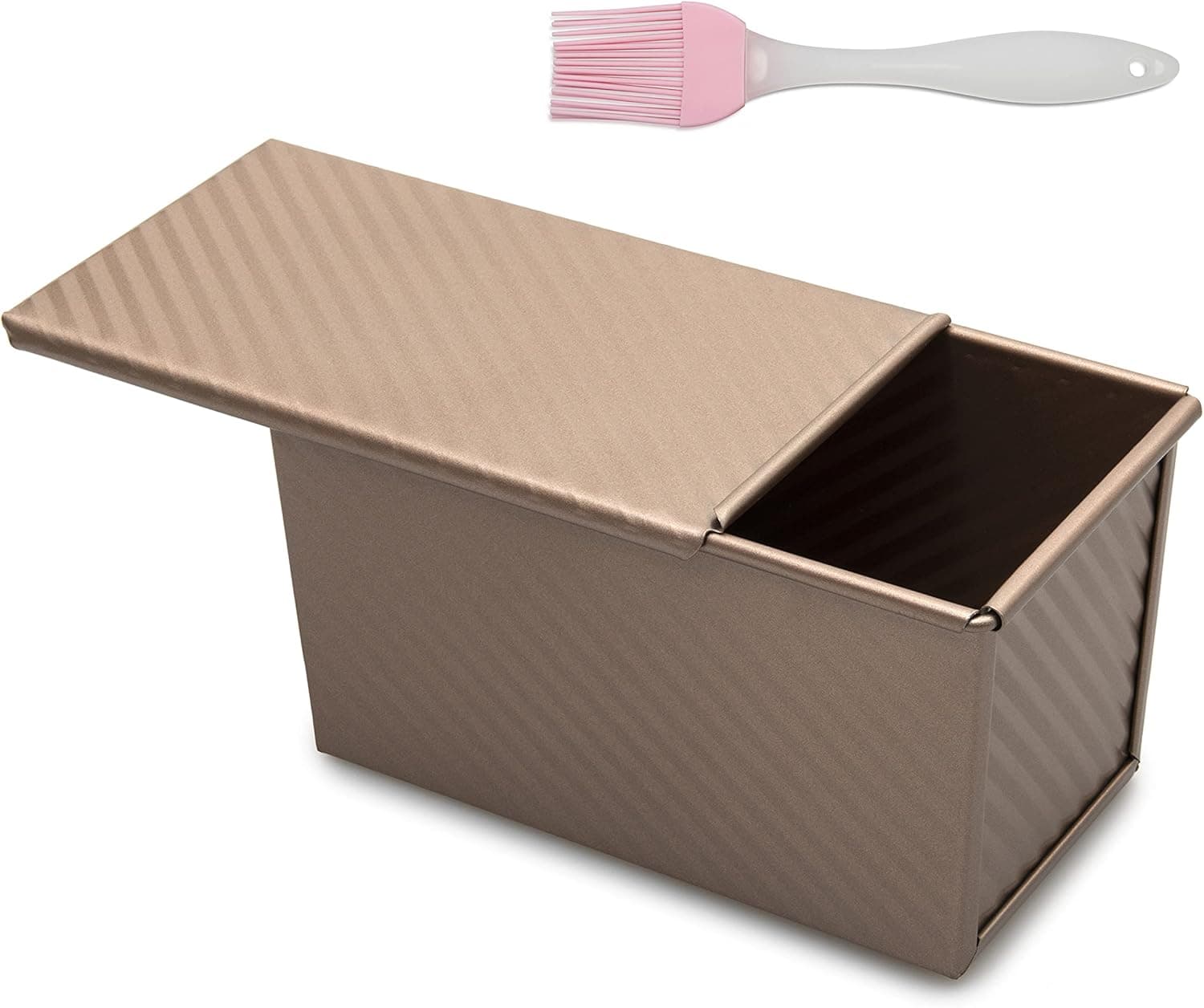 Big Hit LLC Loaf Pan with Lid - Non-Stick Rectangular Corrugated Bread Pan Bakeware - Toast Box - Dough Capacity 0.99LB (450g) - For Baking Bread and Cake - Complete with a Silicone Basting Brush