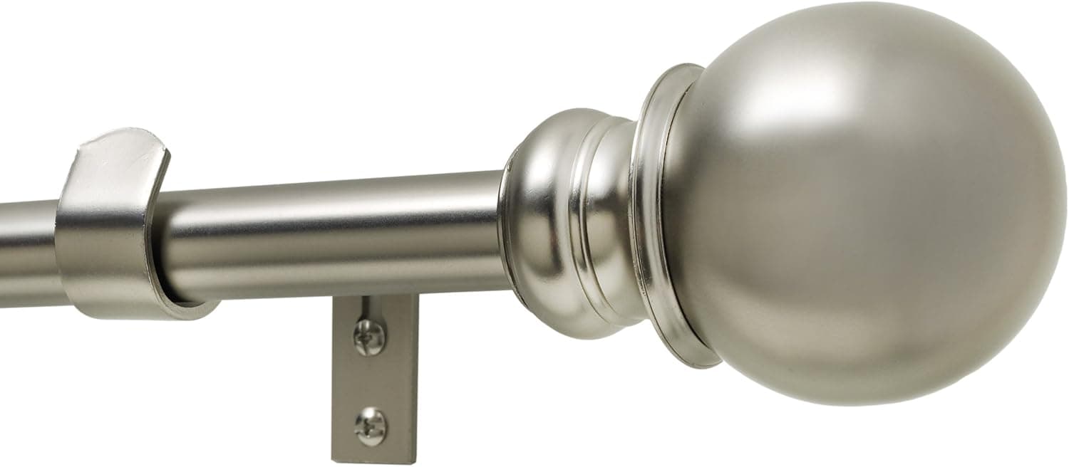 Kenney Classique Ball 1" Premium Decorative Window Curtain Rod, Satin Nickel, 66-120"