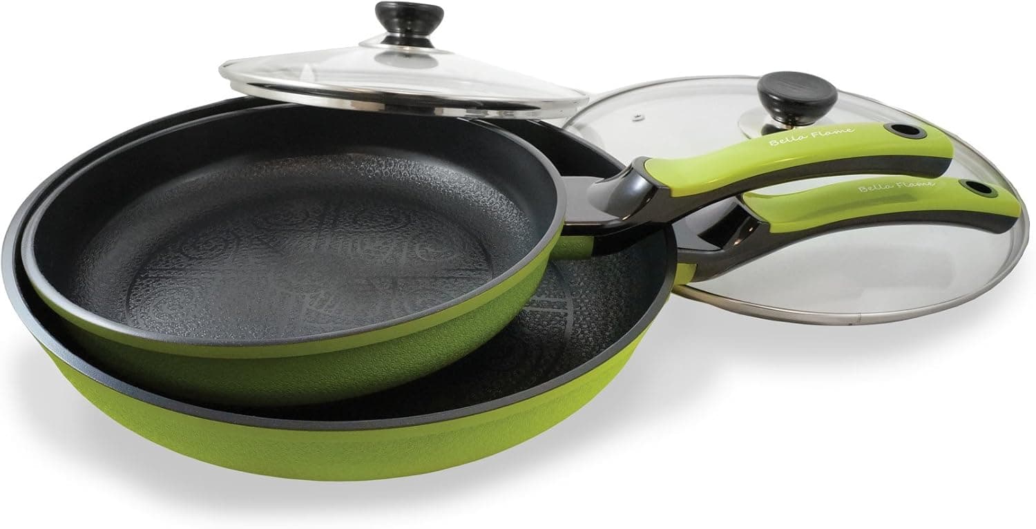 Bella Flame 4-piece Cookware Set, 12" and 9.5" Green Ceramic Coated Nonstick Fry Pans w/Glass Lids, Floral Pattern Texture, Beautiful & Elegant Design, Nano Ceramic Coating (100% PTFE & PFOA Free)