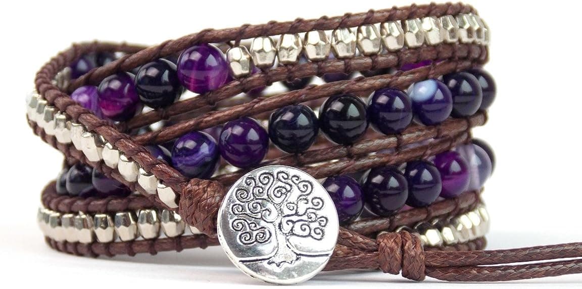 Tree of Life Bracelet Purple Agate Beaded Wrap